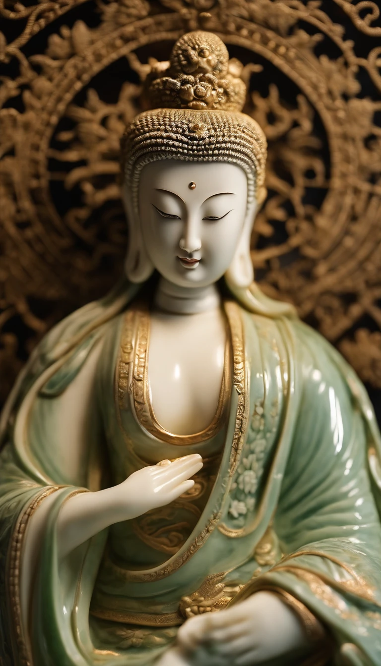 Celadon texture Guanyin Bodhisattva,Guanyin smooth and shiny porcelain skin,chinaware,Ancient Chinese embroidery style relief,Doubleexposure,Delayed exposure,Side lighting,Three-dimensional feeling,