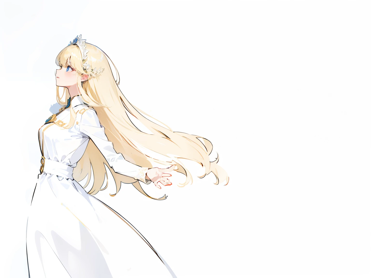 Blonde long-haired woman in white dress、Stand with open arms、Balcony of a European castle、Fantasia