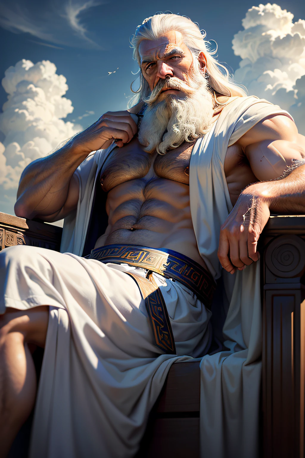 Greek mythology philosopher, directly looking at us, imposing and wise, zoom out image, mighty image, old philosopher with white beard, sitting amongst the clouds, clouds everywhere, realistic, ancient greek clothes, decent muscle definition