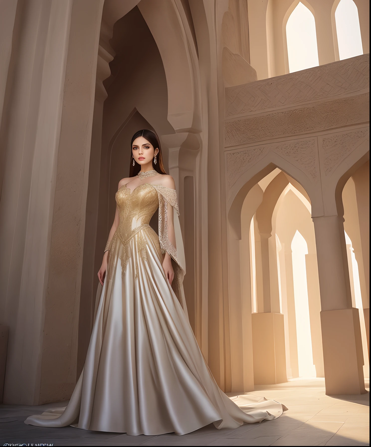 **Describe the image style and viewpoint for a high-fashion photoshoot featuring a stunning evening gown with intricate stone embellishments on the bodice and a sumptuous, floor-length skirt made from a blend of satin and silk. The design takes inspiration from the organic texture of date palm trees and the traditional patterns of Baluchistan’s capes in Iran. Set the scene in an opulent architectural location with an atmosphere of elegance and mystery, capturing the play of soft, golden lighting on the dress
