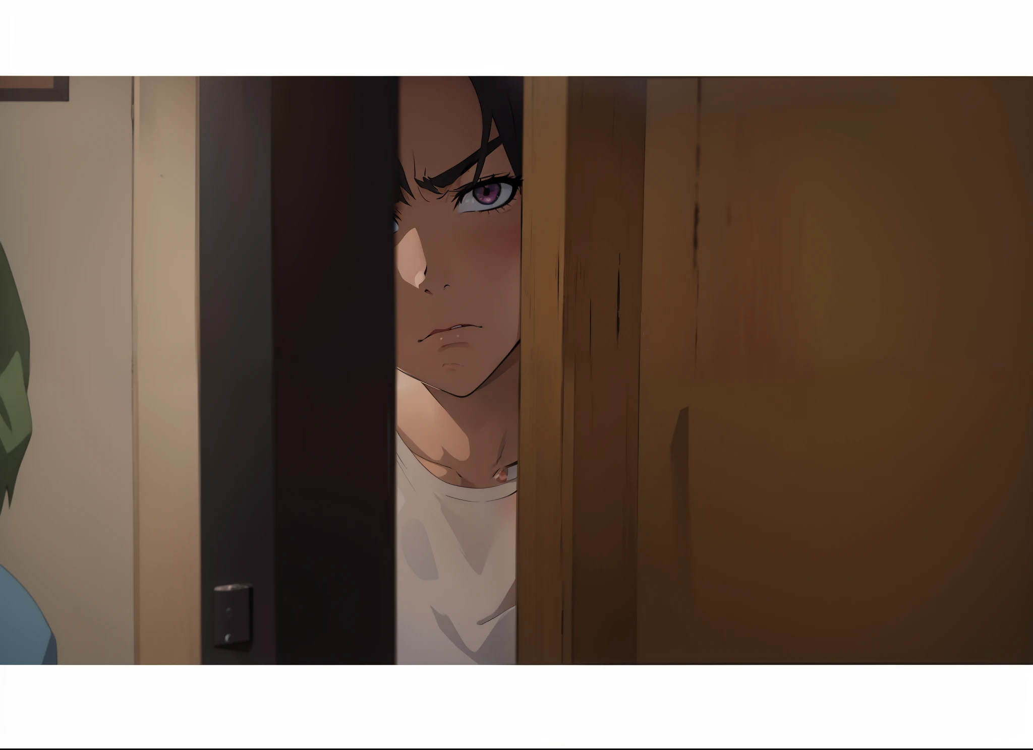 Anime scene, 1girl peeking through the door, angry staring, wearing white tshirt