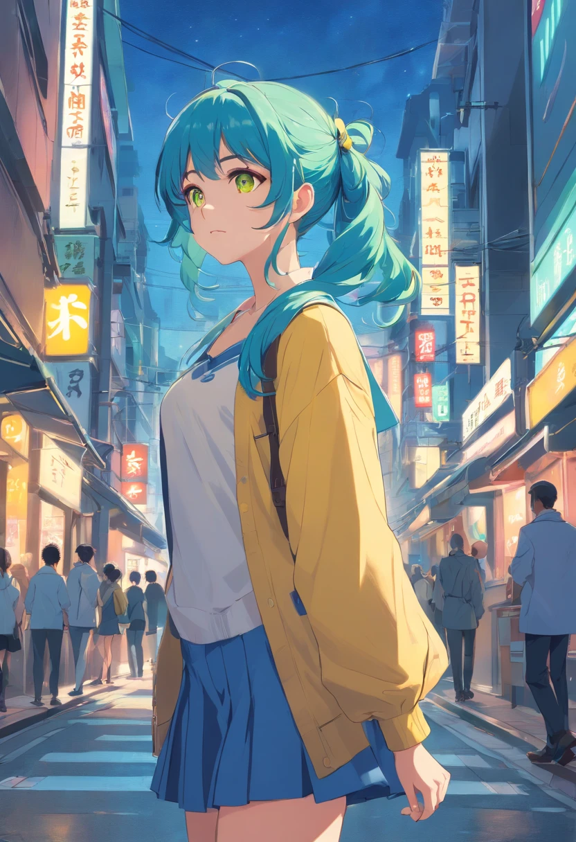 Blue light color hair,Double ponytail curls,Greenish yellow color eyes,blue ta,Beth,A bustling city street