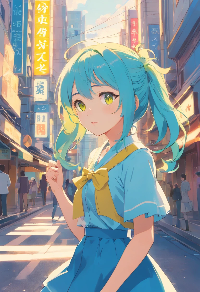 Blue light color hair，Double ponytail curls，Greenish yellow color eyes，blue Lolita，Beth，A bustling city street