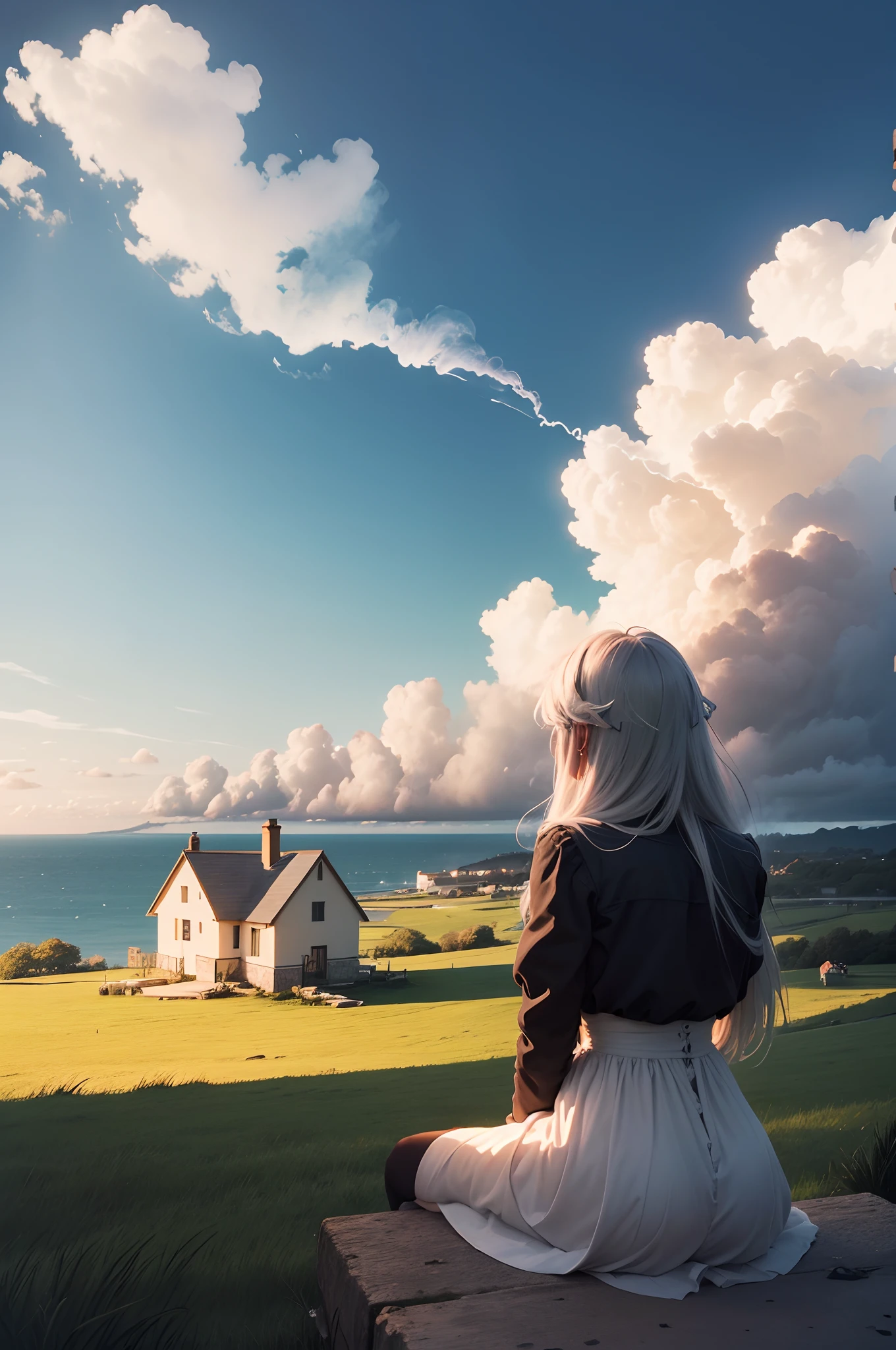 Create a work of art that contains a woman with hair in the wind sitting in the grass looking with her back to the horizon with a cottage next to it with a chimney coming out smoke, de noite com uma grande lua, foto estilo anime --auto