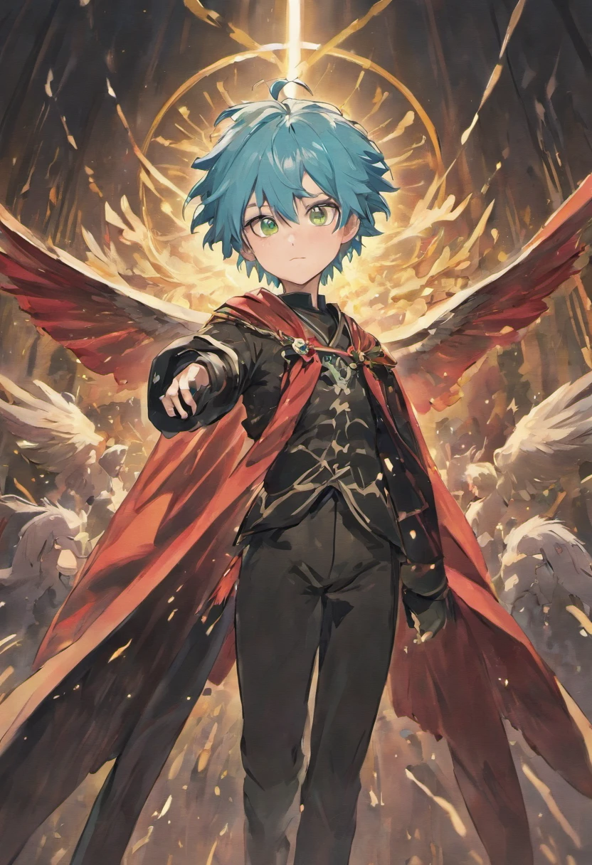 1boy, with light blue hair, light green eyes, black long sleeve tick, with black and red designed cape, two black swords crossed at his back, with kimono trouser and white long boot, with an eye on his left hand side, background: A place fill with demon's, looking at creator, and with a Wolf with red eyes by his side