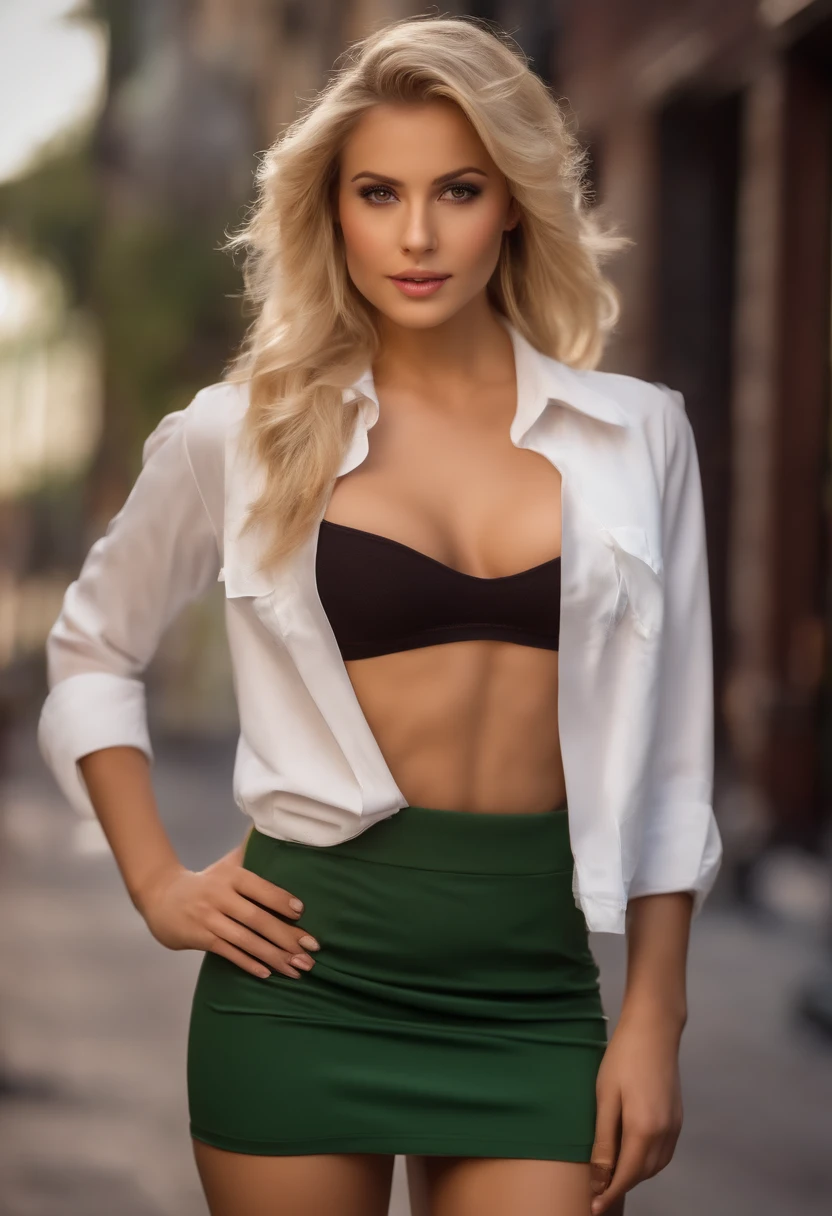 blonde hair brown eyes supermini skirt wearing hips visible in the middle with breasts removed