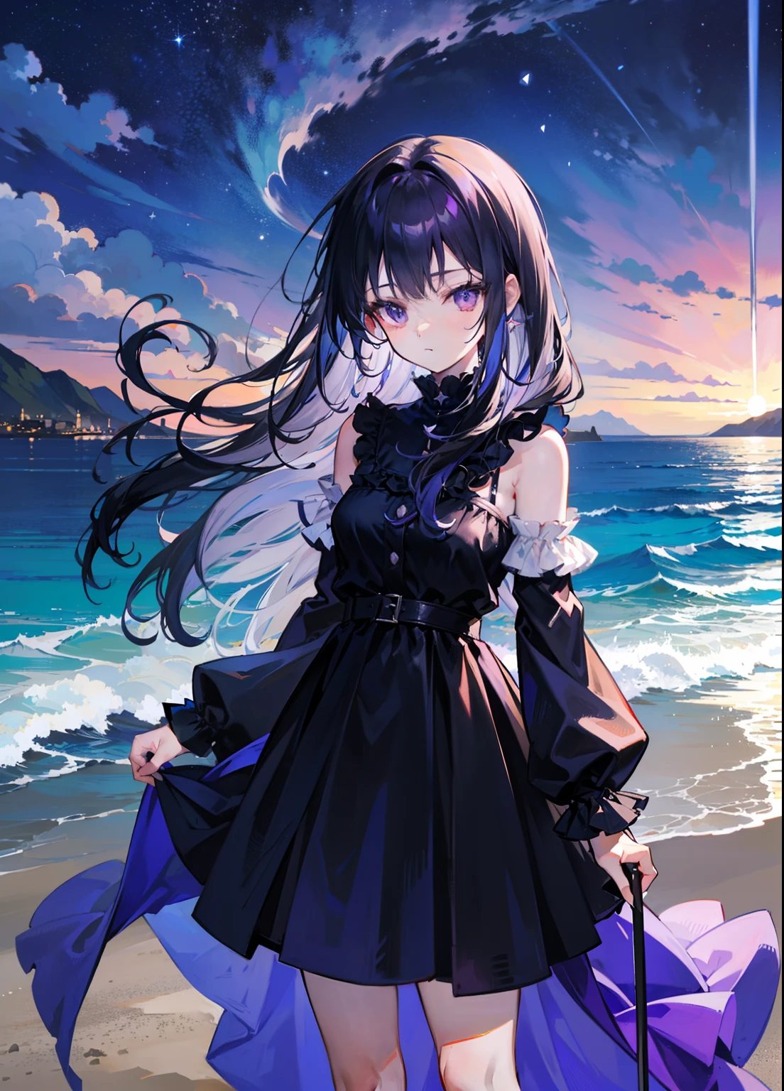 (tmasterpiece,best qualtiy,style of anime,Sense of atmosphere,"the ocean at night、Main colorDeep blue、Secondary color Starlight、Background color is night、romantic style、Shape girl、Texture sea waves and starry sky glow、Rhine coastline and girl's hair flow、Scene of form girl standing on the beach"Black long hair、Purple eyes、Purple aura、The sword、arma、The sword、
