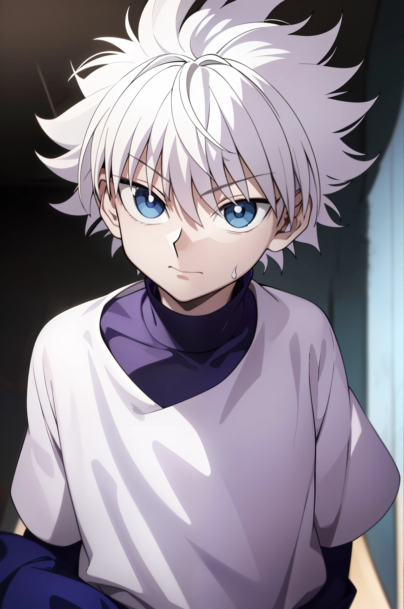 hxh2011,masterpiece(1.5), high quality(1.5), illustration, 8K, perfect lighting, highly detailed face and eyes,
(((hunter_x_hunter))) ,(((killua_zoldyck))) 1boy ,blue_eyes, portrait, hair_between_eyes, looking_at_viewer, male_focus, shirt , short_hair, solo ,sweatdrop ,upper_body, white_hair white_shirt