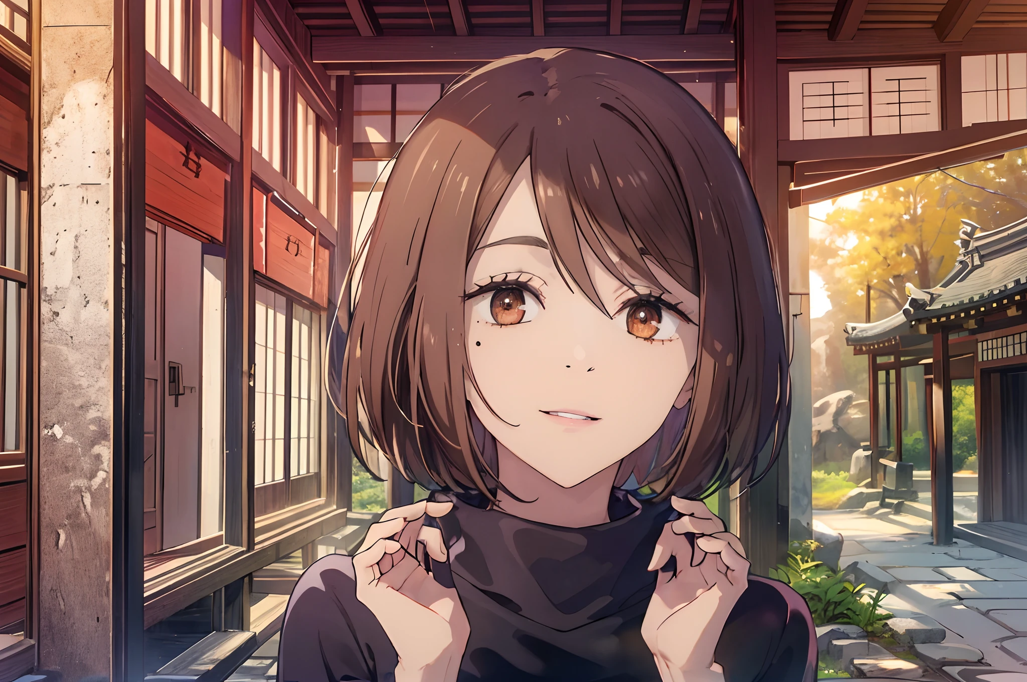 top-quality,Masterpiece,​masterpiece,8K,32K,high-level image quality,High pixel count,Detailed depiction,1人の女性,1girl in,独奏,Brown hair,short-hair,bob cuts,Brown eyes,,Smile with plenty of room,Black Turtleneck T-Shirt,long-sleeve,((up of face,(Slightly left-facing face),Beautiful face,detailed face depiction)),Bright depiction,,Temple of Japan,kyoto,Temple behind,dusk sky,evening glow,细致背景,Be in the middle of the screen,