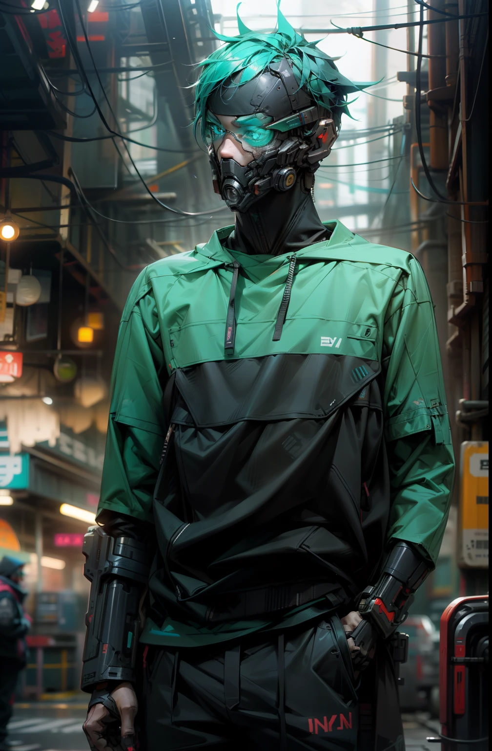 There was a boy wearing a mask and a black hoodie,With a knife in his hand, Hyper-realistic cyberpunk style,Digital cyberpunk anime style,cyan colors