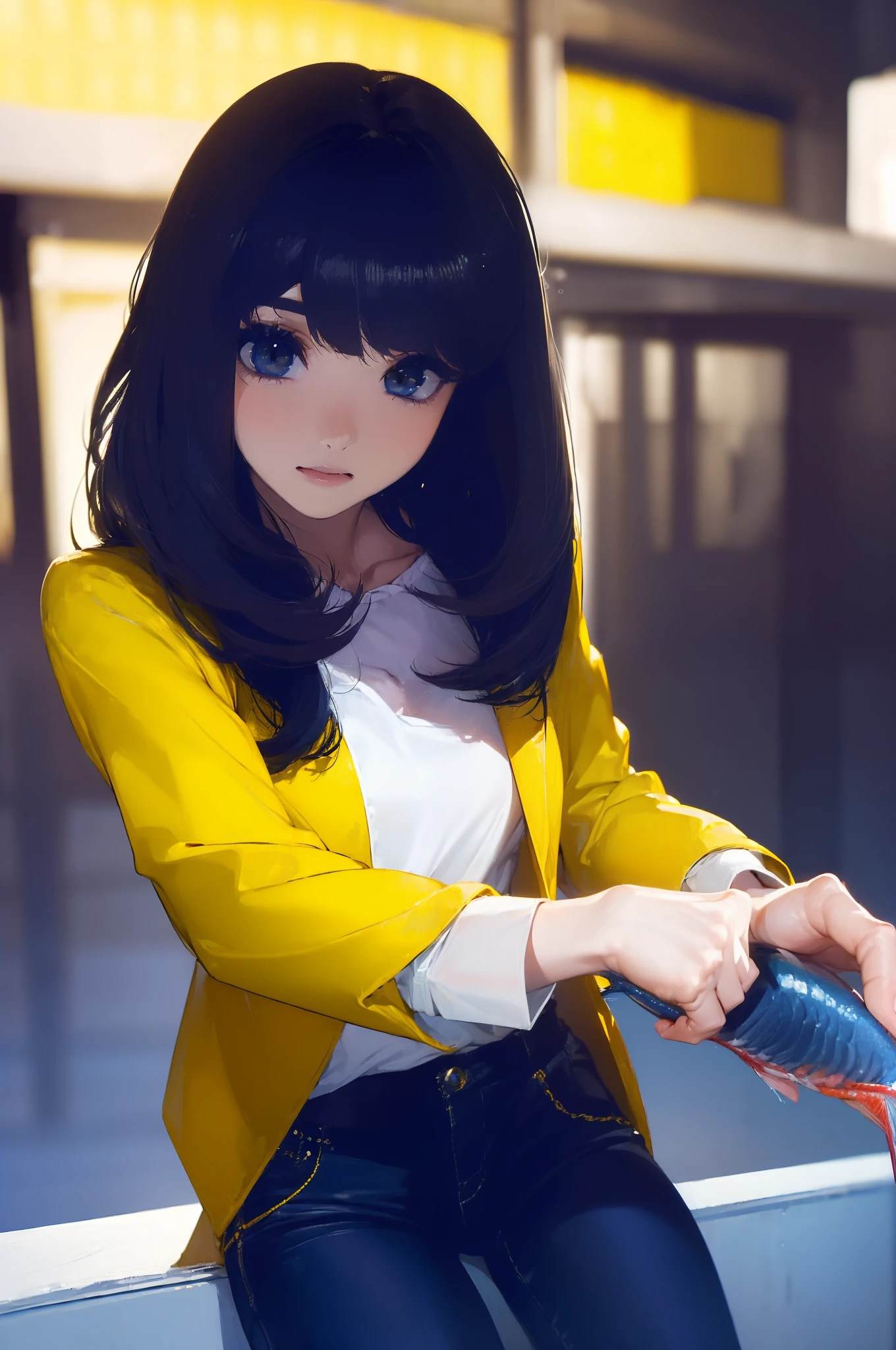 ((((catching a big fish by the lakeside:1.5)))),((Female 28 years old)),((Best Quality:1.5)),(((Hands with the correct number and structure of fingers:1.4))),((Big fish:1.37)),hight resolution,ultra-detailliert,masterpiece,best qualtiy,(Eight-headed body),Black hair, long eyes-lashes, Solid Circle Eyes, drop shadow, Atmospheric perspective,Super Detail, ccurate, small brest,(Black jacket and black jeans :1.1),top-quality, blurry backround, bokeh dof:1.2, (masterpiece:1.3), Atmospheric perspective,Super Detail,dynamic compositions,