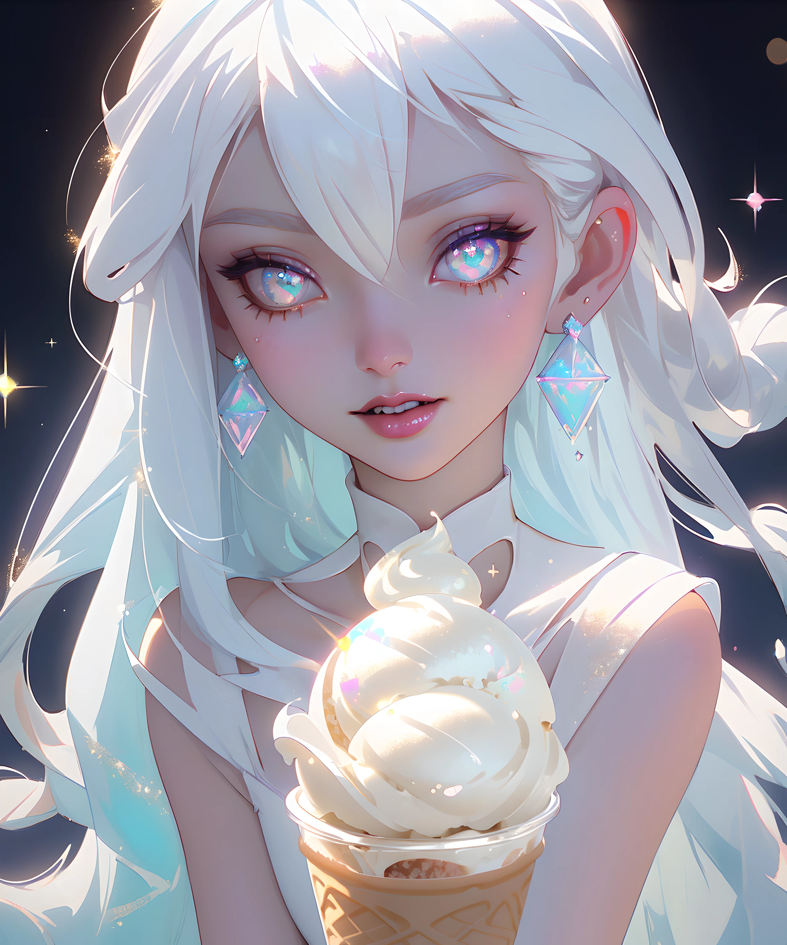 masterpiece, highest quality, (perfect face:1.1, (high detail)1.1, sweet Alien vampire eating ice cream, long soft white hair, opal eyes, perfectly drawn face, ice cream shoppe detailed background, prismatic lighting, glitter