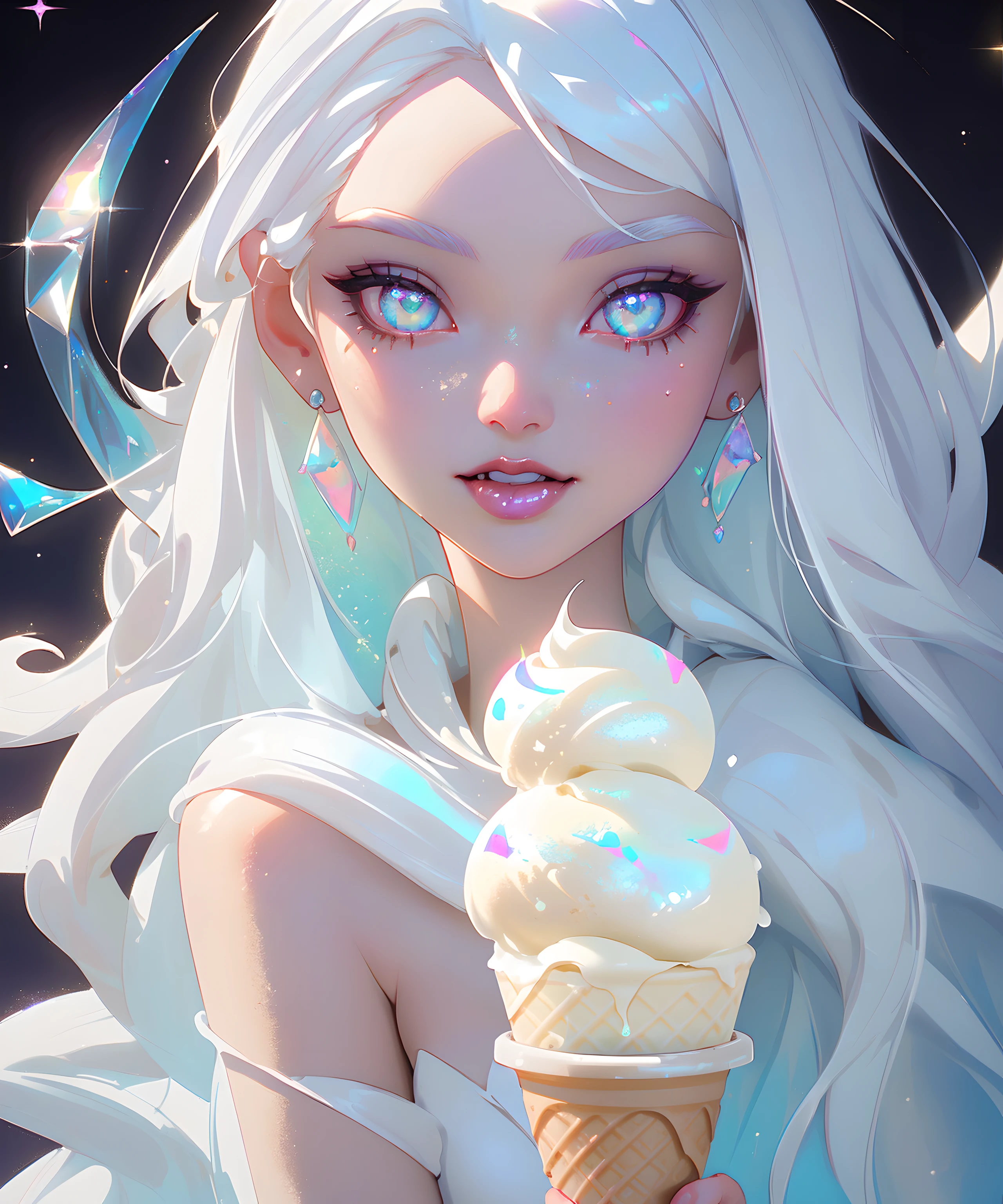 masterpiece, highest quality, (perfect face:1.1, (high detail)1.1, sweet Alien vampire eating ice cream, long soft white hair, opal eyes, perfectly drawn face, ice cream shoppe detailed background, prismatic lighting, glitter