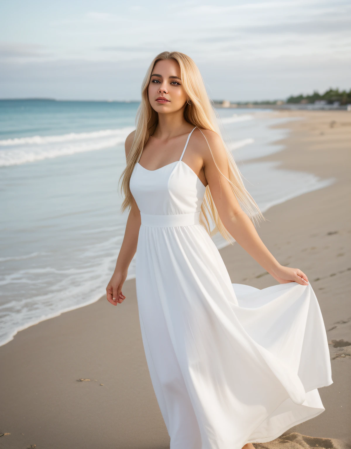 Photo RAW, a beautiful Latina woman, long blonde hair, wearing white dress, on beach