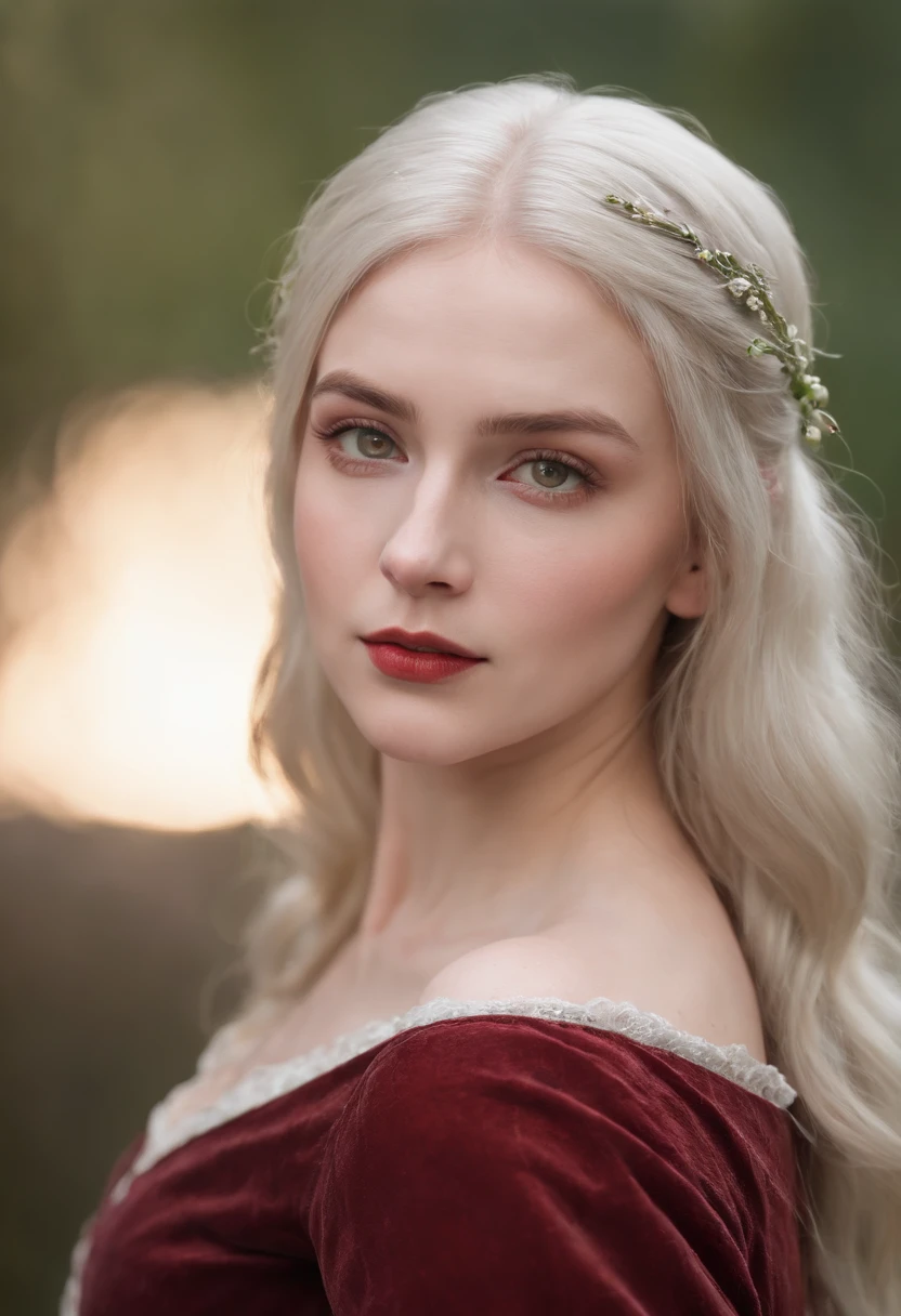 (((a deep reddish wound crosses her left cheek))) fair complexion, woman around 19 years old, natural white hair, distinctive green eyes, wearing kohl, slender and graceful, beautiful, candlelight in a medieval setting, ultra sharp focus, realistic shot, medieval female clothes, tetradic colors (scar:1.4)