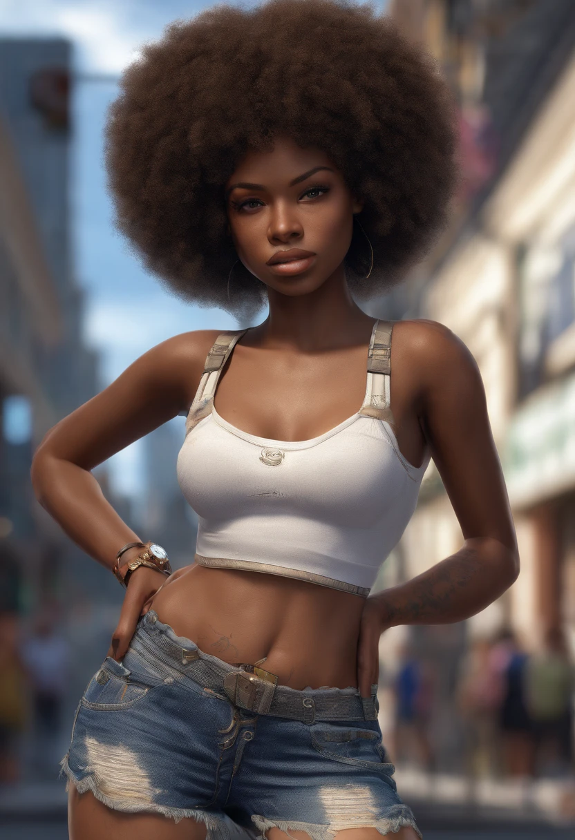 ((African dark skin, very deep ebony skin)), ((her beauty is undeniable)), ((excited cute face)), ((hyper detailed perfect eyes,)), ((cute pose)), ((tongue out)), ((seductive )), sexy, (( tight mesh shirt, sexy short shorts)), ((African long curly afro,)), ((revealing belly)), ((standing, front view)), ((touching her own legs in a sexy pose)), ((outdoors, public city)), sharp focus cgi, photorealistic, high detail, realistic, masterpiece, absurdres, best quality, HDR, high quality, high-definition, extremely detailed, 8k wallpaper, intricate details, 8K uhd, Full-HD, (realistic photo:1.2), contrast, harsh lighting, cinematic lighting, natural lighting, hard light, backlighting, global illumination, ambient occlusion