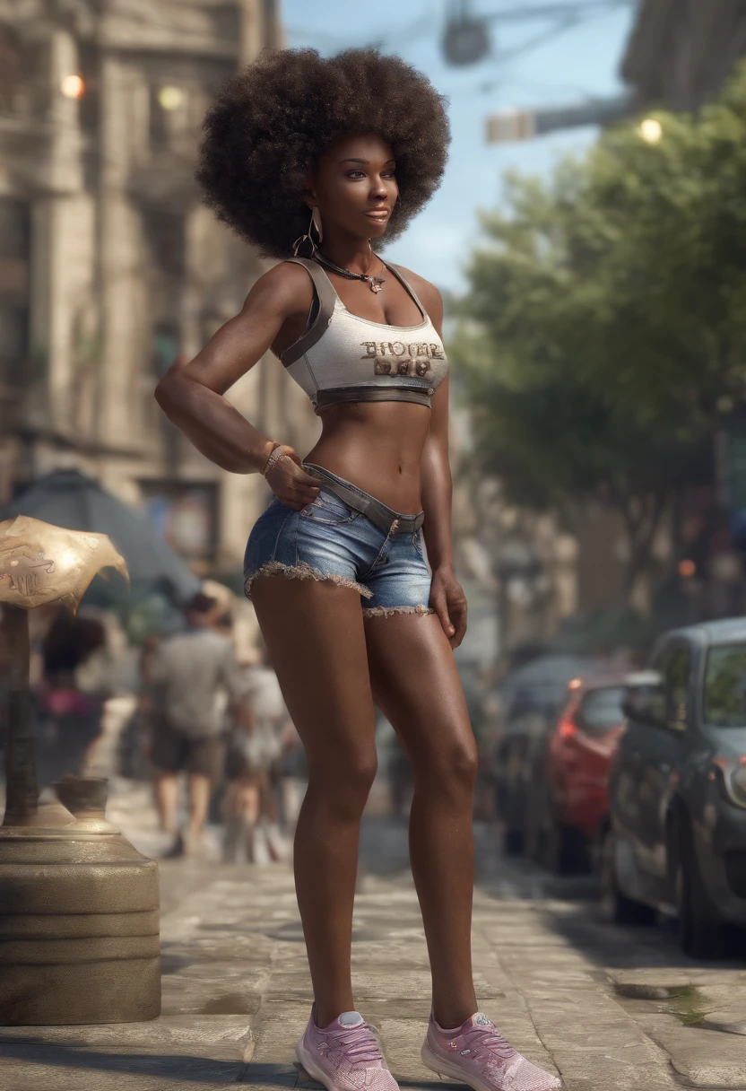 ((African dark skin, very deep ebony skin)), ((her beauty is undeniable)), ((excited cute face)), ((hyper detailed perfect eyes,)), ((cute pose)), ((tongue out)), ((seductive )), sexy, (( tight mesh shirt, sexy short shorts)), ((African long curly afro,)), ((revealing belly)), ((standing, front view)), ((touching her own legs in a sexy pose)), ((outdoors, public city)), sharp focus cgi, photorealistic, high detail, realistic, masterpiece, absurdres, best quality, HDR, high quality, high-definition, extremely detailed, 8k wallpaper, intricate details, 8K uhd, Full-HD, (realistic photo:1.2), contrast, harsh lighting, cinematic lighting, natural lighting, hard light, backlighting, global illumination, ambient occlusion