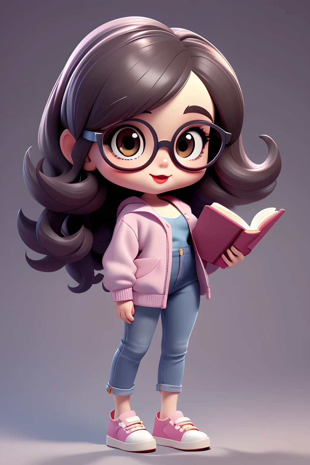 estilo chibi, jeans, Medium loose hair, fofo, sorrir, Girl holding a book while wearing glasses, full body for feet, em vestido rosa estilo boneca, Estilo 3dm, Olhe para o Visualizador,