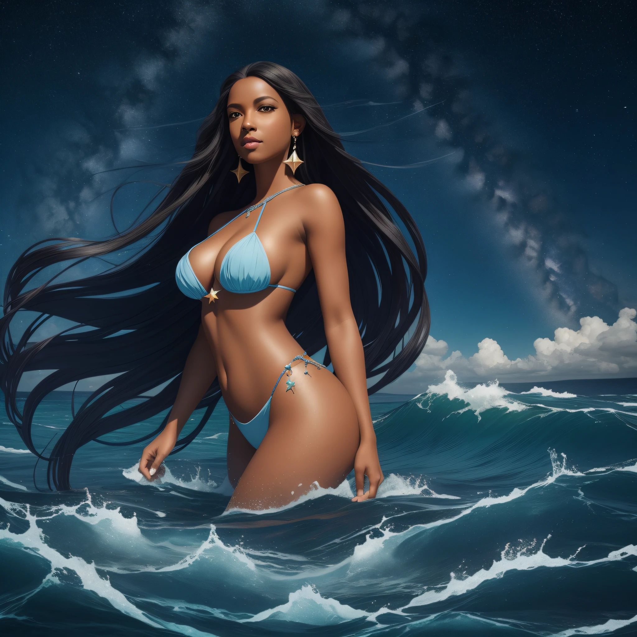 1girl, long hair, solo, breasts, black hair, star (sky), blue skin, sky, earrings, jewelry, water, navel, colored skin, starry sky, parted lips, blue eyes, night, looking at viewer, giantess, bare shoulders, giant, collarbone, medium breasts, ocean, waves, night sky, cleavage, mermaid, partially submerged, cloud