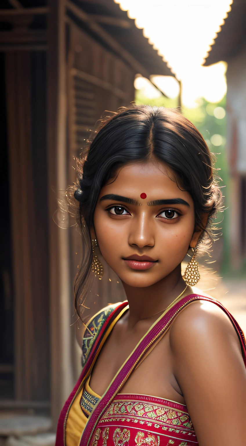young Indian girl, 18-year-old, gentle sun lighting on face , village mood , old cloths about to get ripped , village girl vibe, intricate facial details, full body picture, cinimatic pose flawless complexion, top-notch 3D rendering, hyper-realistic, shot on Indian road. photorealistic digital art trending on Artstation 8k HD high definition detailed realistic, detailed, skin texture, hyper detailed, realistic skin texture, armature, best quality, ultra high res, (photorealistic:1.4),, high resolution, detailed, raw photo, 400 camera f1.6 lens rich colors hyper realistic lifelike texture dramatic lighting unrealengine trending on artstation cinestill 800