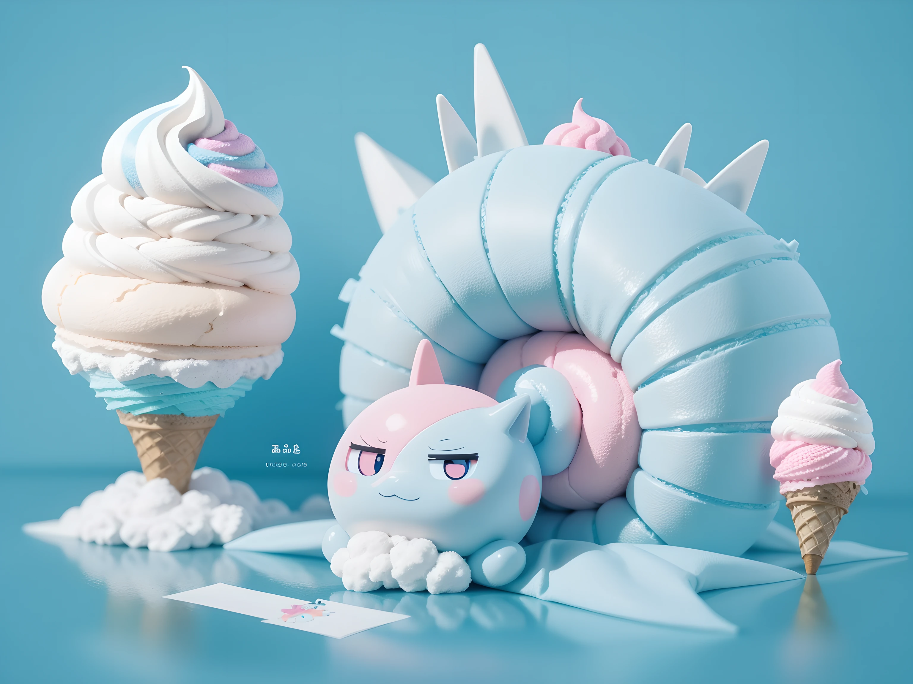 A kawaii ice cream dream fantasy in BeKyoot style, Light blue background, Ultra detailed, Detailed drawing, Silhouette, 8K, professional design,