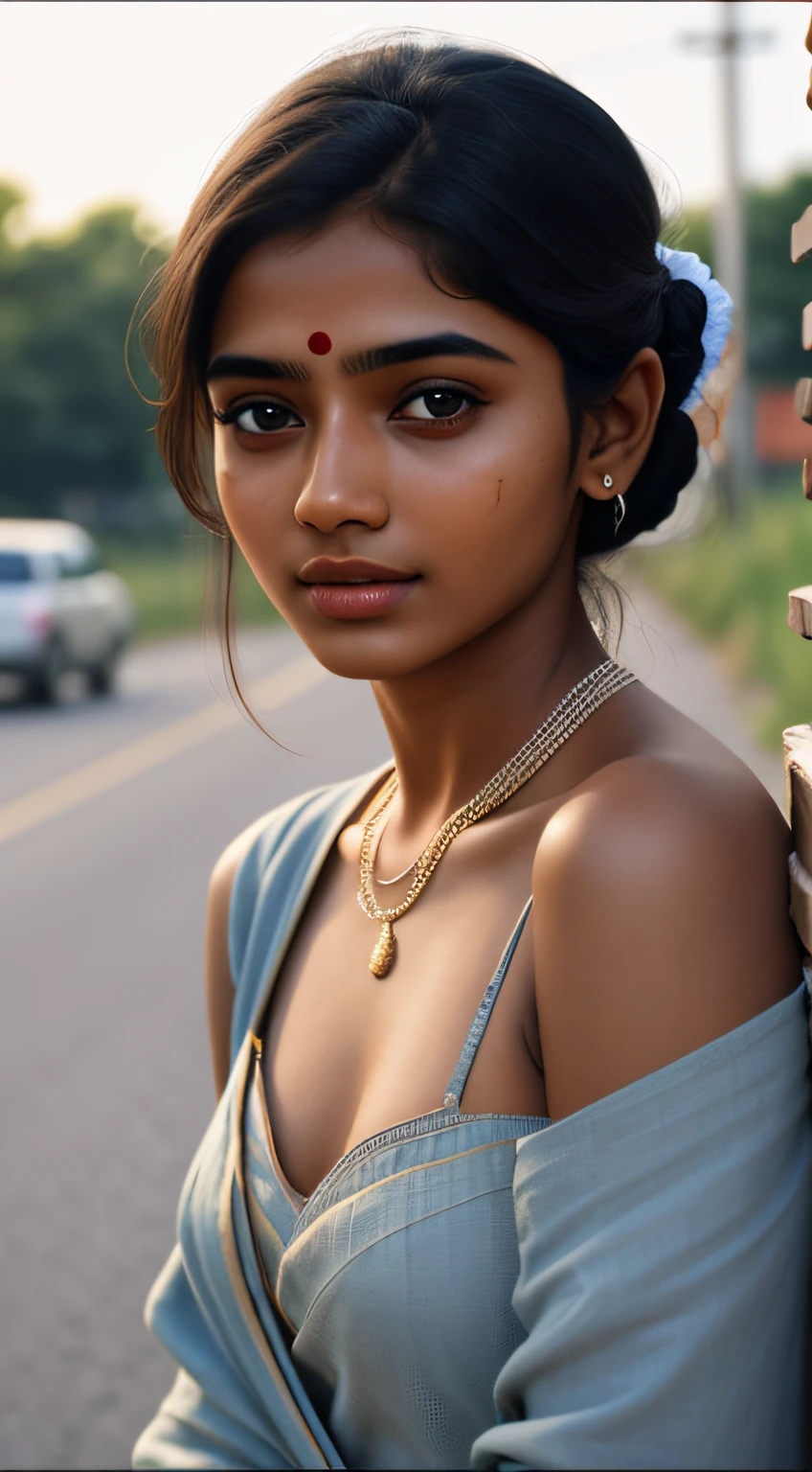 young Indian girl, 18-year-old,  gentle sun lighting on face , village mood , old cloths about to get ripped , village girl vibe, intricate facial details, full body picture, cinimatic pose flawless complexion, top-notch 3D rendering, hyper-realistic, shot on Indian road. photorealistic digital art trending on Artstation 8k HD high definition detailed realistic, detailed, skin texture, hyper detailed, realistic skin texture, armature, best quality, ultra high res, (photorealistic:1.4),, high resolution, detailed, raw photo, 400 camera f1.6 lens rich colors hyper realistic lifelike texture dramatic lighting unrealengine trending on artstation cinestill 800