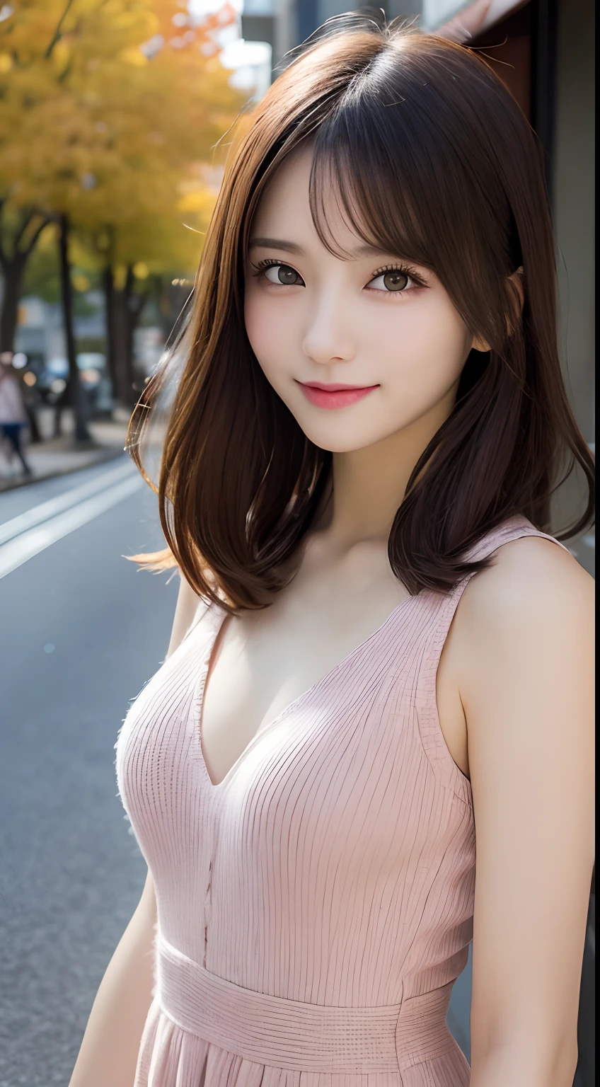 masutepiece, Best Quality, Illustration, Ultra-detailed, finely detail, hight resolution, 8K Wallpaper, Perfect dynamic composition, Beautiful detailed eyes, Women's Fashion Autumn,Medium Hair,Small breasts natural color lip, Bold sexy poses,Smile,Harajuku、20 years girl、Cute、Sexy shot looking at camera