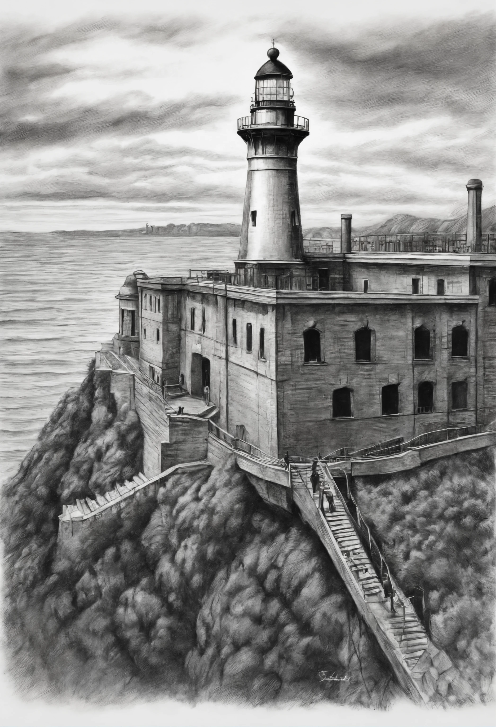 ((top-quality))、(Drawing with a pencil))、Detailed Touch、Depiction from the sky、Alcatraz Island、Jailbreak impossible、The Scariest Prison