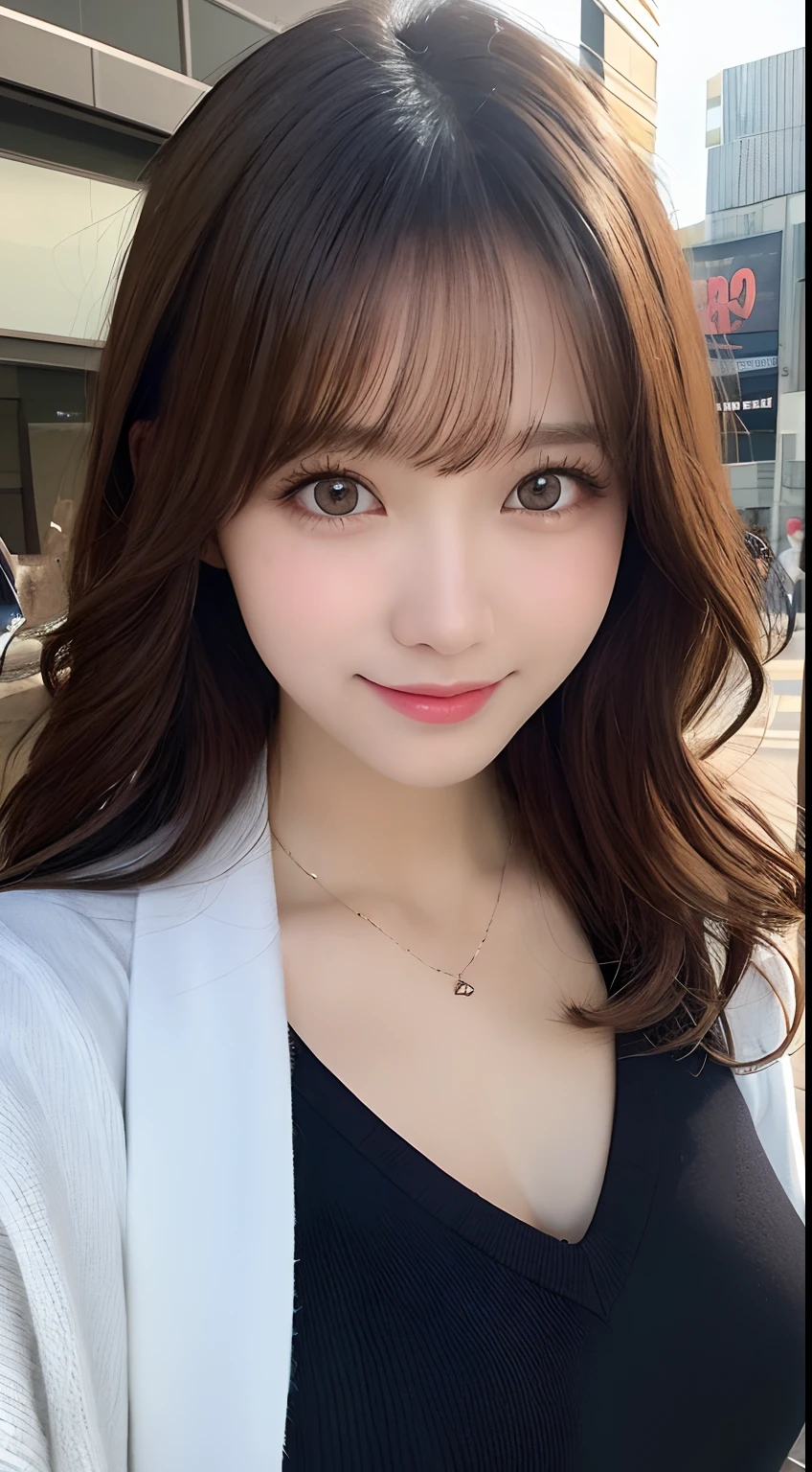 table top, highest quality, shape, Super detailed, finely, High resolution, 8k wallpaper, 完璧なダイナミックな構shape, beautiful and detailed eyes, Gorgeous and stylish black fluffy latest trend Tokyo winter clothes,ランダムなcute髪,small breasts,natural color lip, bold sexy pose,smile、20 year old girl、cute、sexy shot looking at camera,Always blur the background,perfect and beautiful face,Take only the face,beautiful and detailed face、slim face and style,Big eyes、Do gal makeup,real photos、luxury brand mink coat