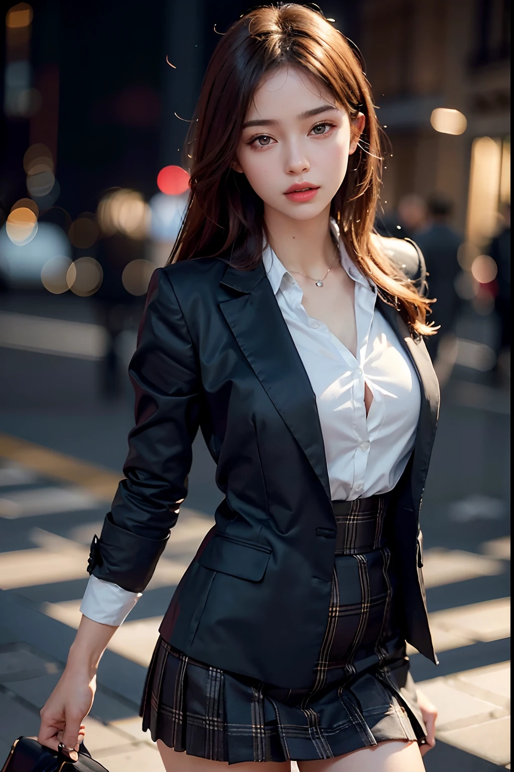 Top quality, Masterpiece, 1 girl, Beautiful face, (Photorealistic picture:1.3), Rim lighting, (High detail skin:1.2), 8K UHD, DSLR, High quality, High Definition, 4K, 8K, Bokeh, Absurdity, Best ratio four fingers and one thumb, (Real: 1.3), Cute 1 girl, Holding black formal blazer in hand, Middle breast, No skirt, No panties, No bra