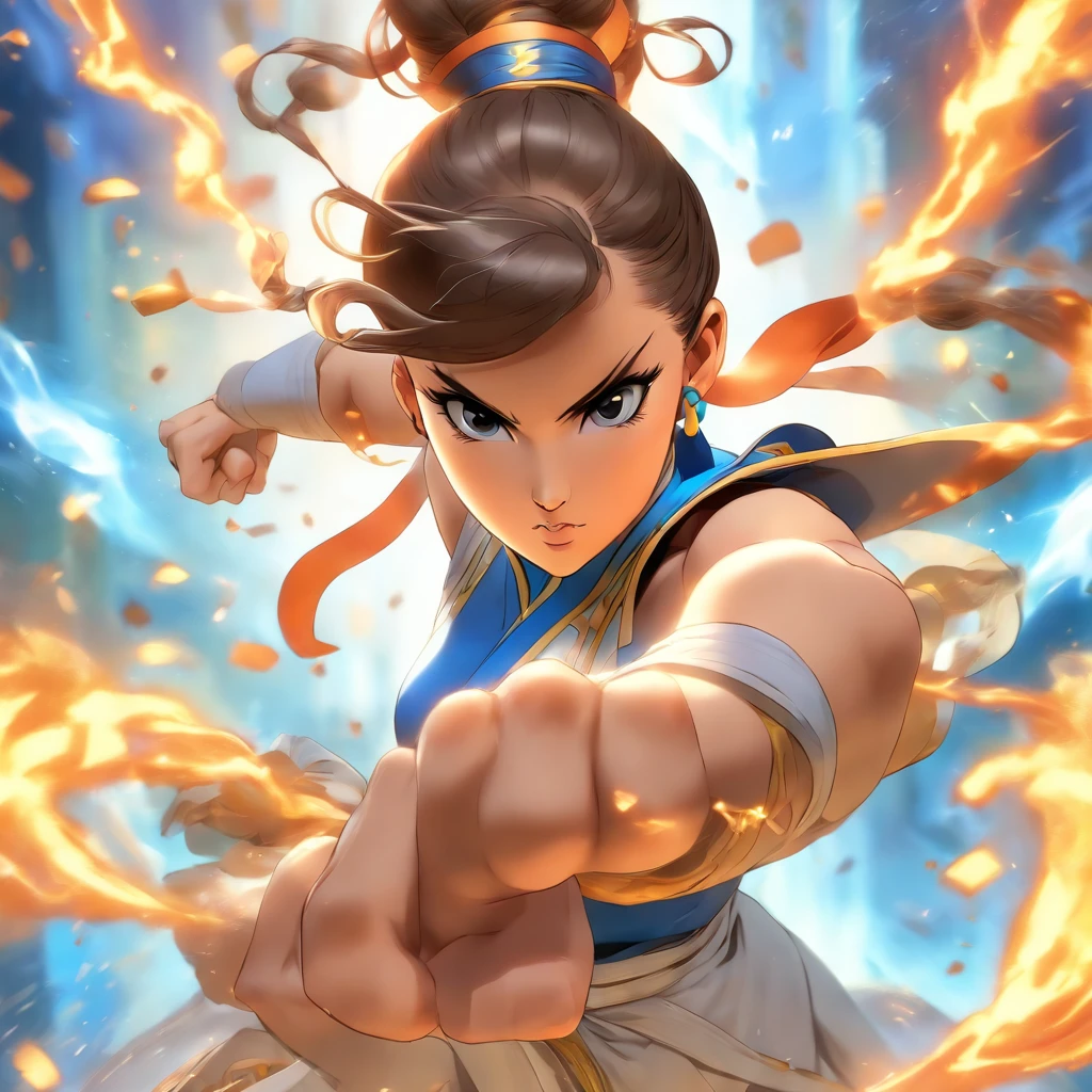 Chun-Li in the Niji style, a symbol of strength and grace, vibrant and striking colors, dynamic and iconic pose, determined and confident expression, comic book-inspired detailing, and a larger-than-life presence that perfectly captures her character's martial arts prowess in the Niji aesthetic, Niji style