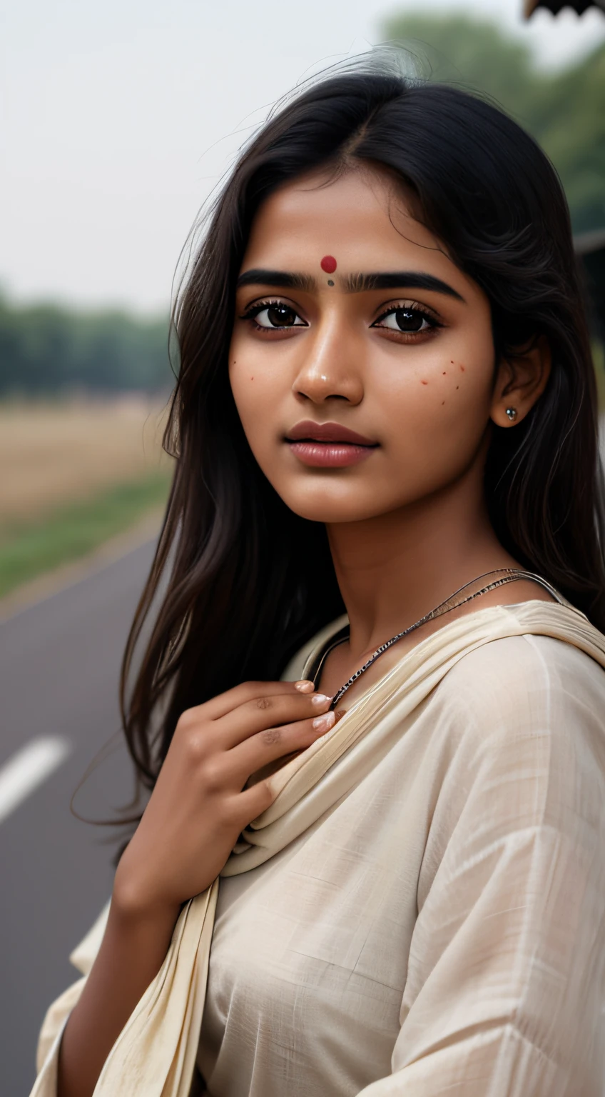 young Indian girl, 18-year-old,  gentle sun lighting on face , village mood , old cloths, silk cloth, cloth is transperent , village girl vibe, intricate facial details, full body picture, cinimatic pose flawless complexion, top-notch 3D rendering, hyper-realistic, shot on Indian road. photorealistic digital art trending on Artstation 8k HD high definition detailed realistic, detailed, skin texture, hyper detailed, realistic skin texture, armature, best quality, ultra high res, (photorealistic:1.4),, high resolution, detailed, raw photo, 400 camera f1.6 lens rich colors hyper realistic lifelike texture dramatic lighting unrealengine trending on artstation cinestill 800