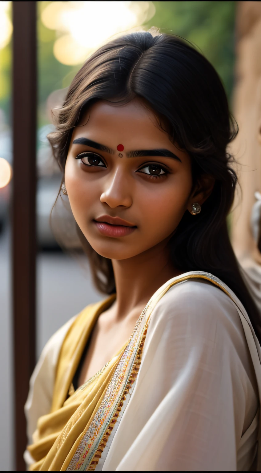 young Indian girl, 18-year-old, gentle sun lighting on face , village mood , old cloths, silk cloth, cloth is transperent , village girl vibe, intricate facial details, full body picture, cinimatic pose flawless complexion, top-notch 3D rendering, hyper-realistic, shot on Indian road. photorealistic digital art trending on Artstation 8k HD high definition detailed realistic, detailed, skin texture, hyper detailed, realistic skin texture, armature, best quality, ultra high res, (photorealistic:1.4),, high resolution, detailed, raw photo, 400 camera f1.6 lens rich colors hyper realistic lifelike texture dramatic lighting unrealengine trending on artstation cinestill 800