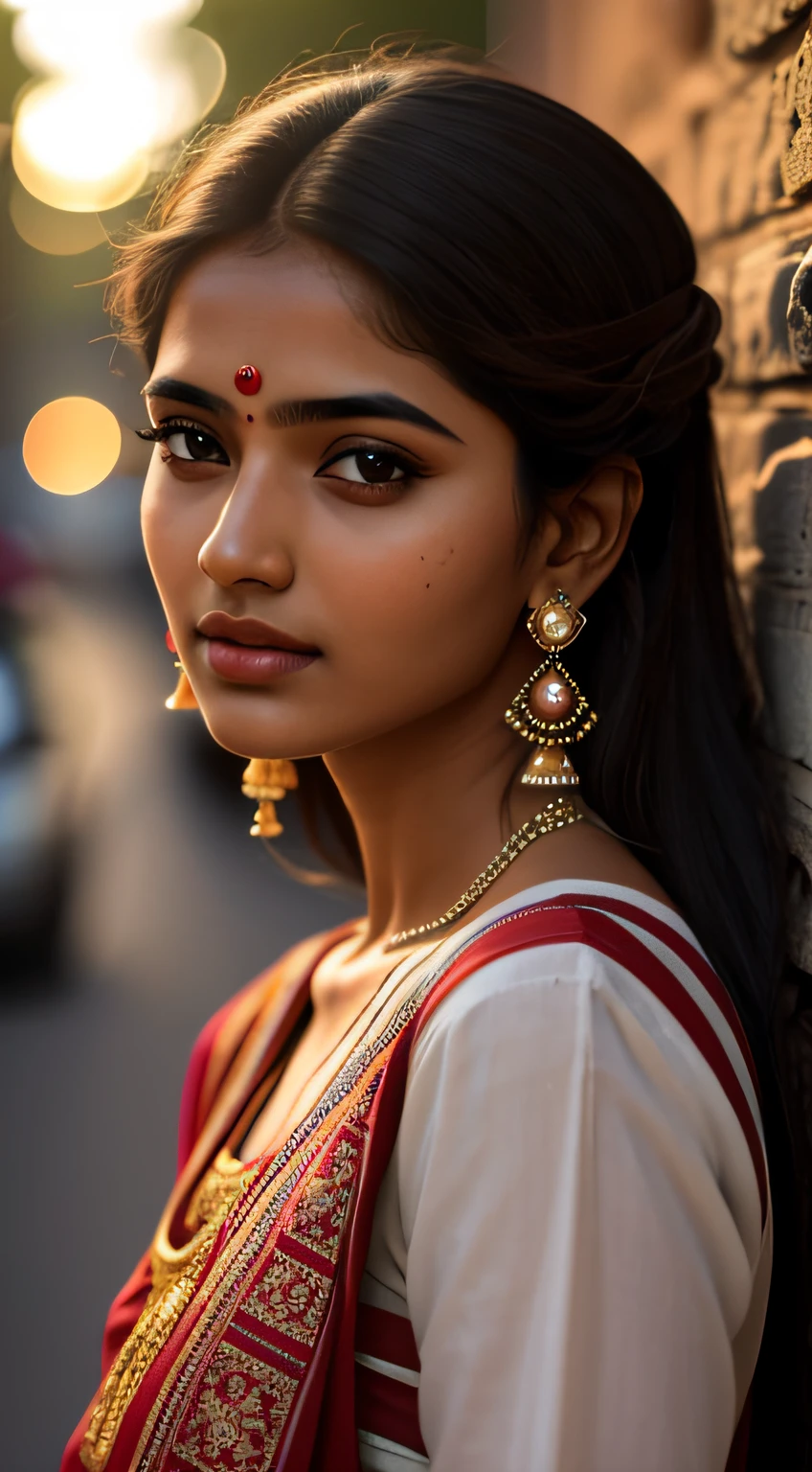 young Indian girl, 18-year-old,  gentle sun lighting on face , village mood , old cloths, silk cloth, cloth is transperent , village girl vibe, intricate facial details, full body picture, cinimatic pose flawless complexion, top-notch 3D rendering, hyper-realistic, shot on Indian road. photorealistic digital art trending on Artstation 8k HD high definition detailed realistic, detailed, skin texture, hyper detailed, realistic skin texture, armature, best quality, ultra high res, (photorealistic:1.4),, high resolution, detailed, raw photo, 400 camera f1.6 lens rich colors hyper realistic lifelike texture dramatic lighting unrealengine trending on artstation cinestill 800