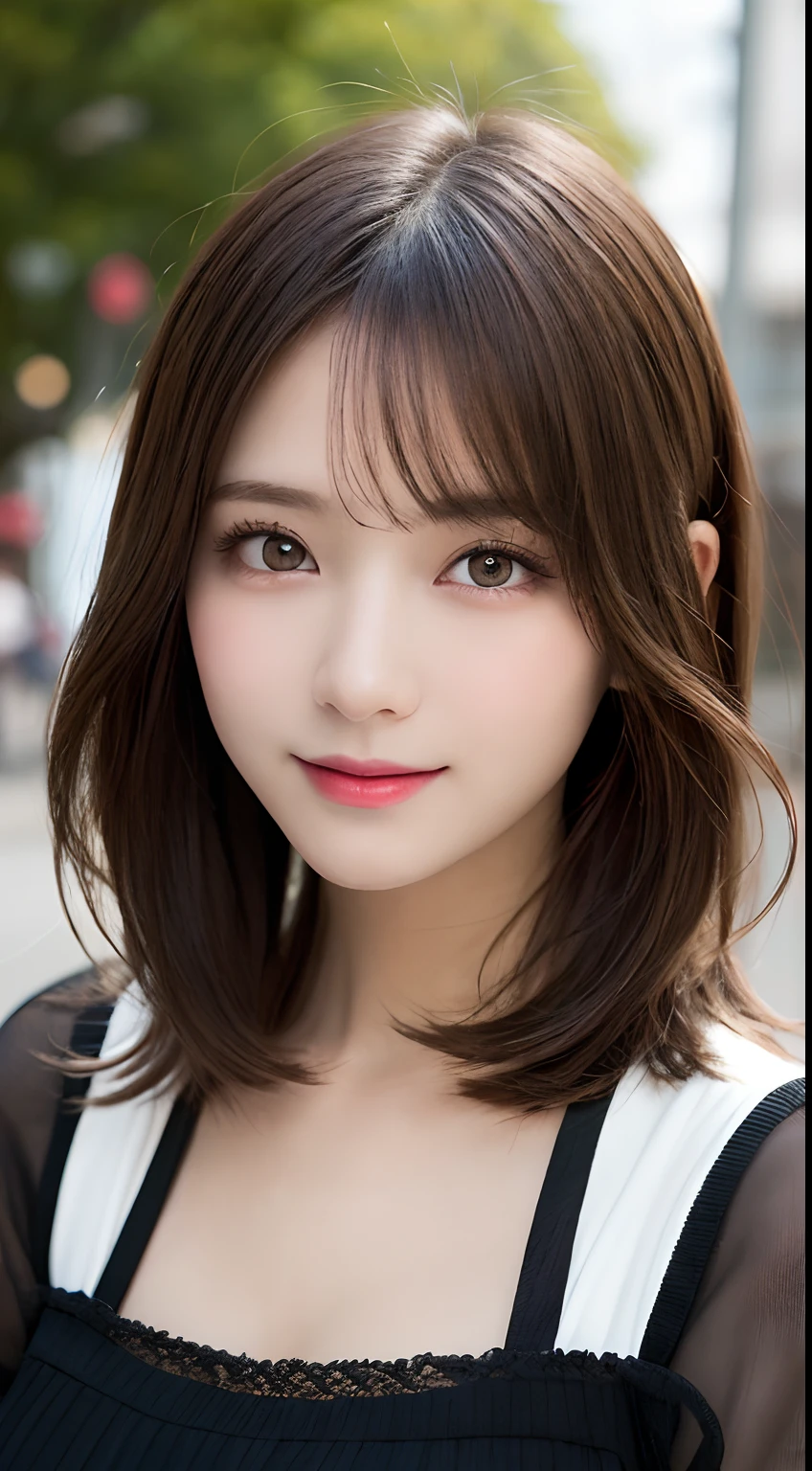 masutepiece, Best Quality, Illustration, Ultra-detailed, finely detail, hight resolution, 8K Wallpaper, Perfect dynamic composition, Beautiful detailed eyes, Women's Fashion Autumn,Medium Hair,Small breasts natural color lip, Bold sexy poses,Smile,Harajuku、20 years girl、Cute、Sexy shot looking at camera