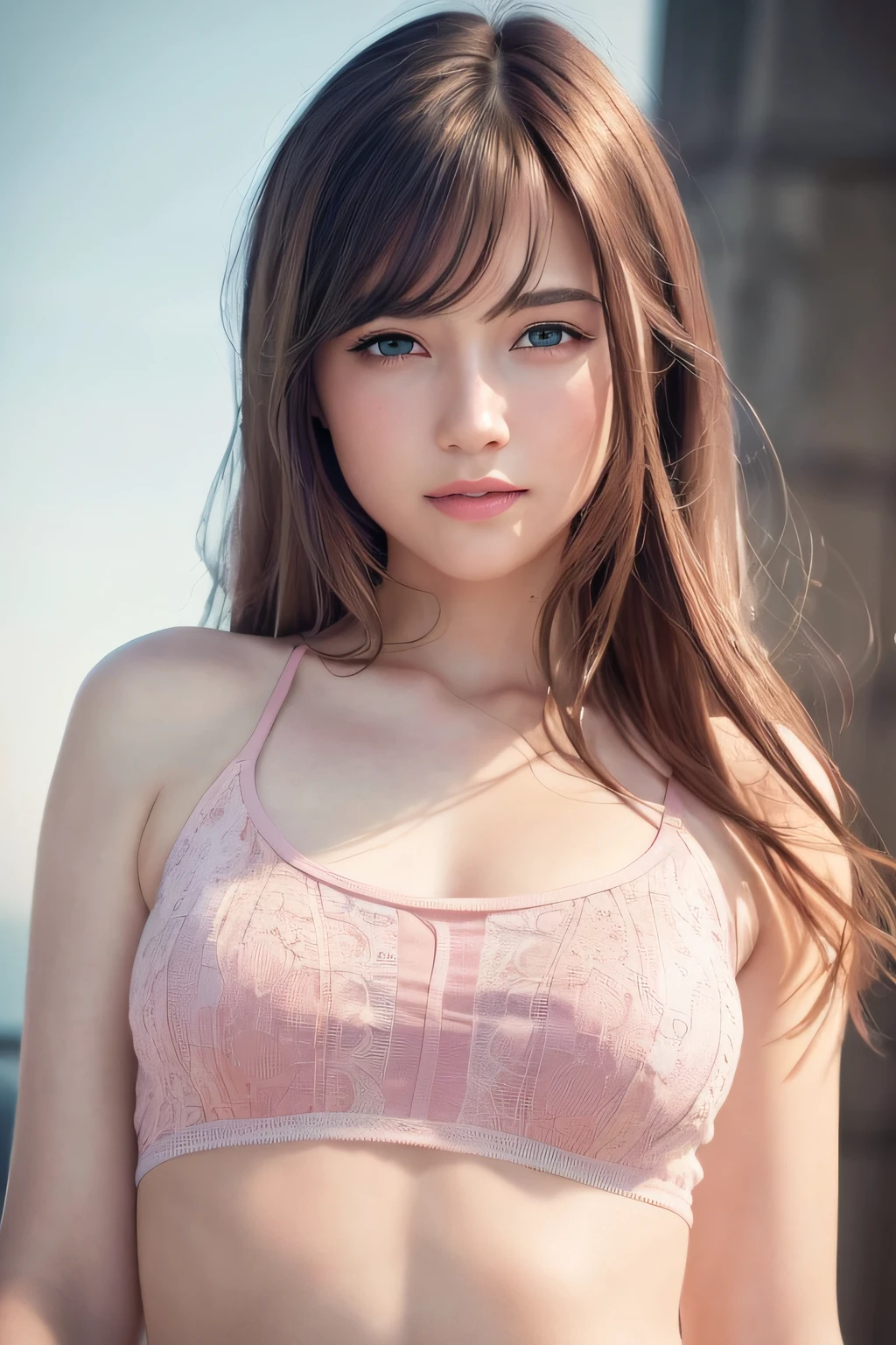 (8k, Best Quality, Masterpiece:1.2), (Realistic, Photorealistic:1.37), Ultra Detail, 1 Girl,Cute,Solo,Beautiful Detailed Sky,Date,(Blush),(Smile:1.15),(Closed Mouth)Small Breasts,Beautiful Detailed Eyes,(Long Hair: 1.2),Floating Hair NovaFrogStyle, Upper Body, Tank Top