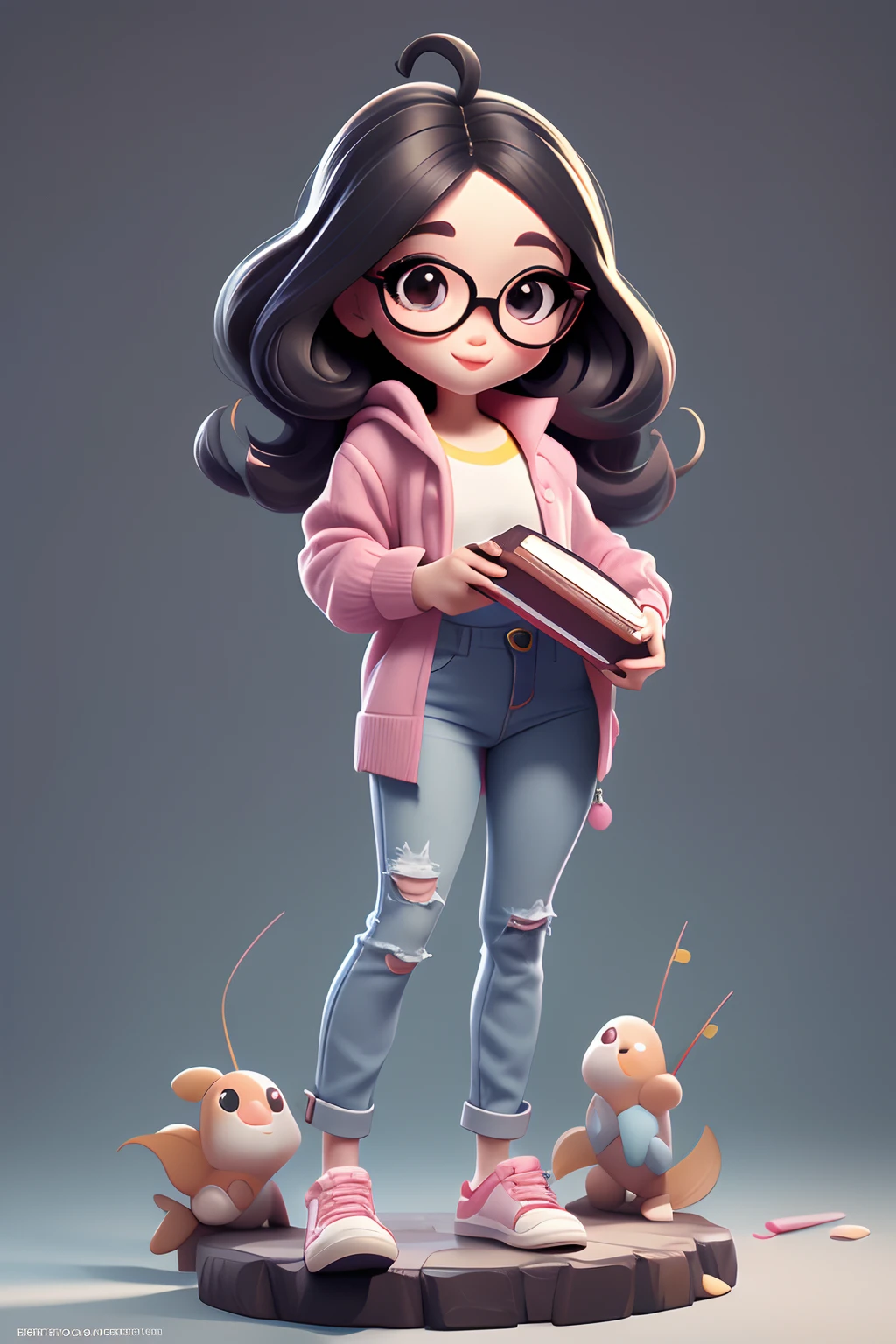 Estilo Chibi, jeans, Medium loose hair, Pescador, sorrir, Girl holding a book while wearing glasses, full body for feet, em vestido rosa estilo boneca, Estilo 3dm, Olhe para o Visualizador,