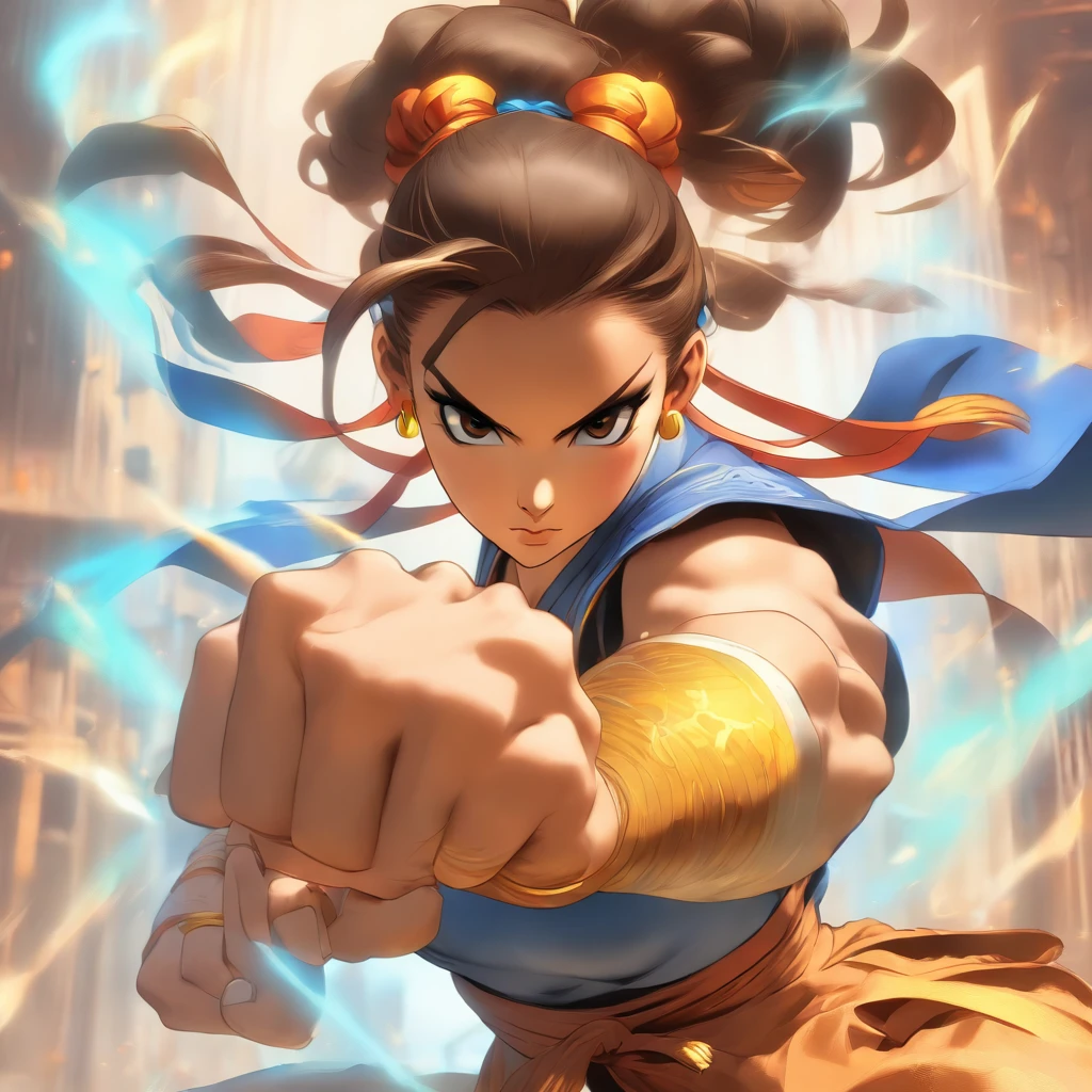Chun-Li in the Niji style, a symbol of strength and grace, vibrant and striking colors, dynamic and iconic pose, determined and confident expression, comic book-inspired detailing, and a larger-than-life presence that perfectly captures her character's martial arts prowess in the Niji style.