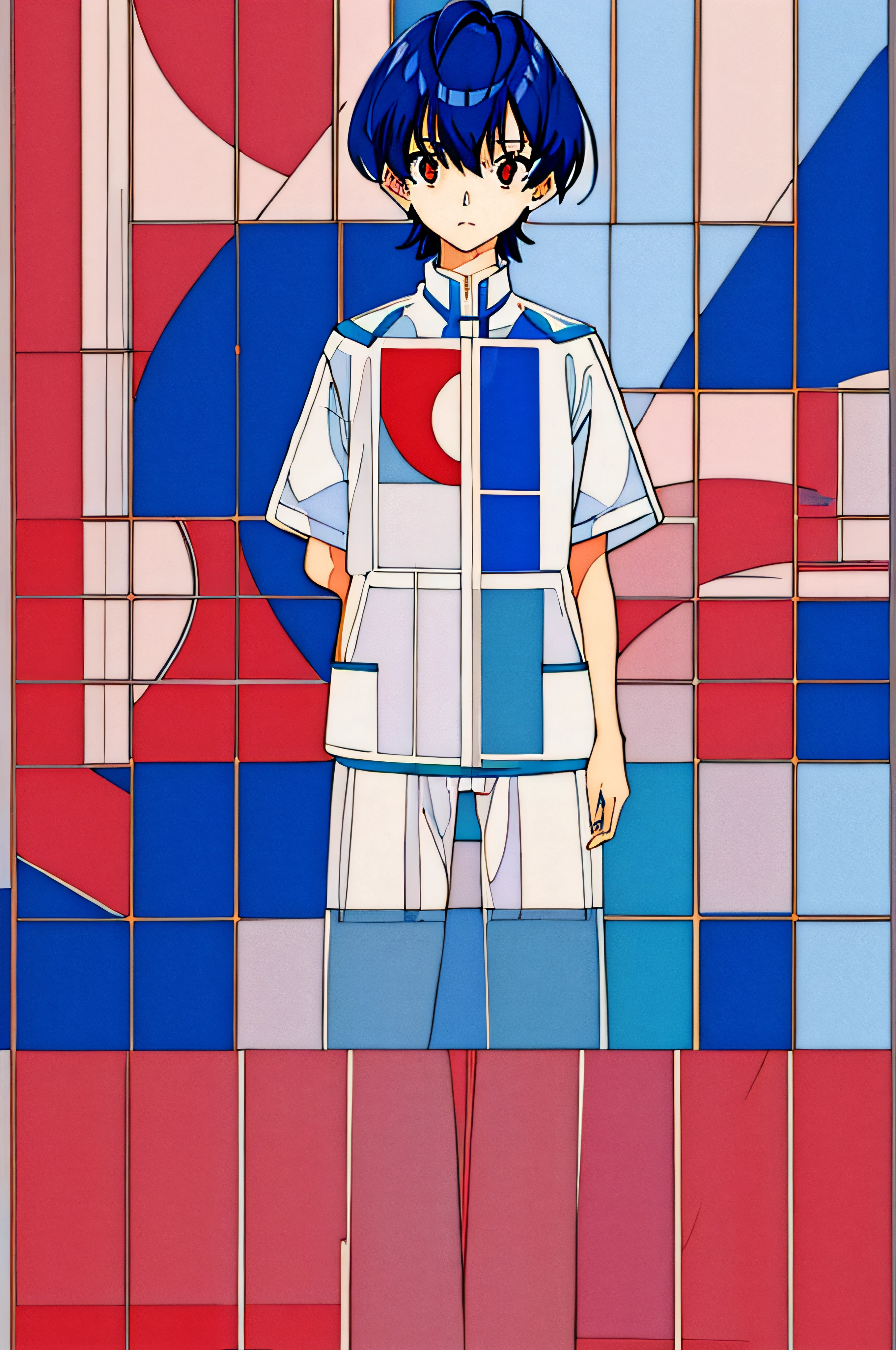 masterpiece portrait of girl \(evangelion\), evangelion \(Hideaki\), caustics, textile shading, high resolution illustration, red eyes, feminine, no pupils, blue hair,  short hair, ligne claire, flat color, limited palette, low contrast