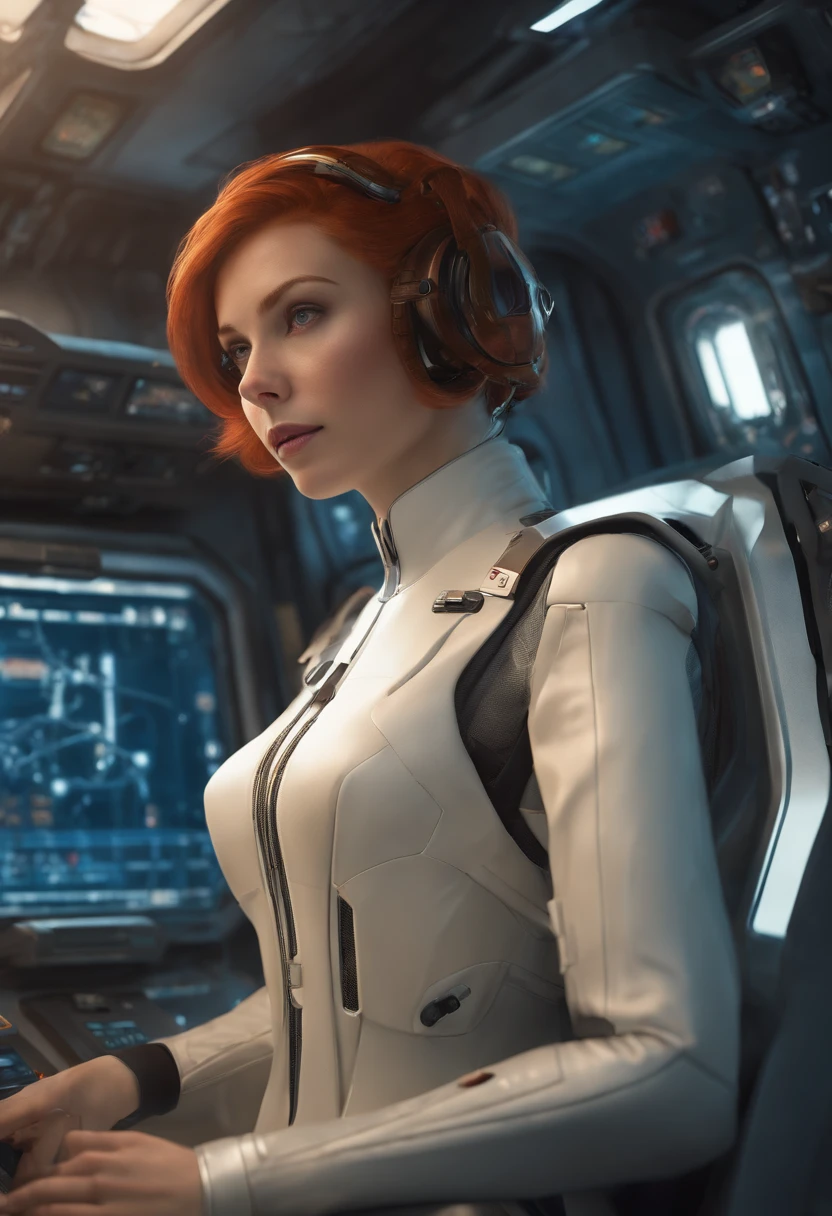 Absurd resolution, high resolution, (Masterpiece: 1.4), hyper-detailing, ung woman, Short red hair, pilotsuit, Rich princess, Sitting in the extremely narrow and closed mech control room looking out the window, The window is the blue planet that the universe can see (1.5), The expression is excited, The mech control room is in the universe
