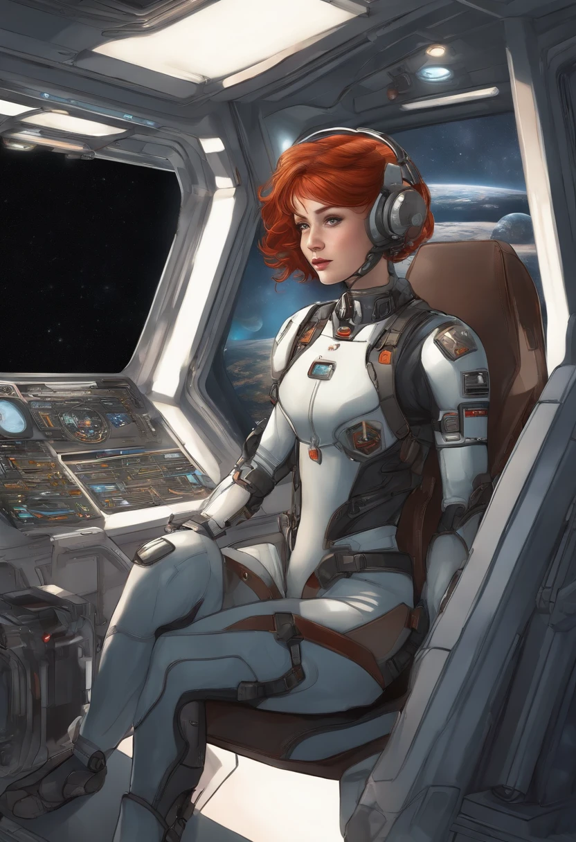 Absurd resolution, high resolution, (Masterpiece: 1.4), hyper-detailing, 1 young woman, Short red hair, pilotsuit, Rich princess, Sitting in the extremely narrow and closed mech control room looking out the window, The window is the blue planet that the universe can see (1.5), The expression is excited, The mech control room is in the universe