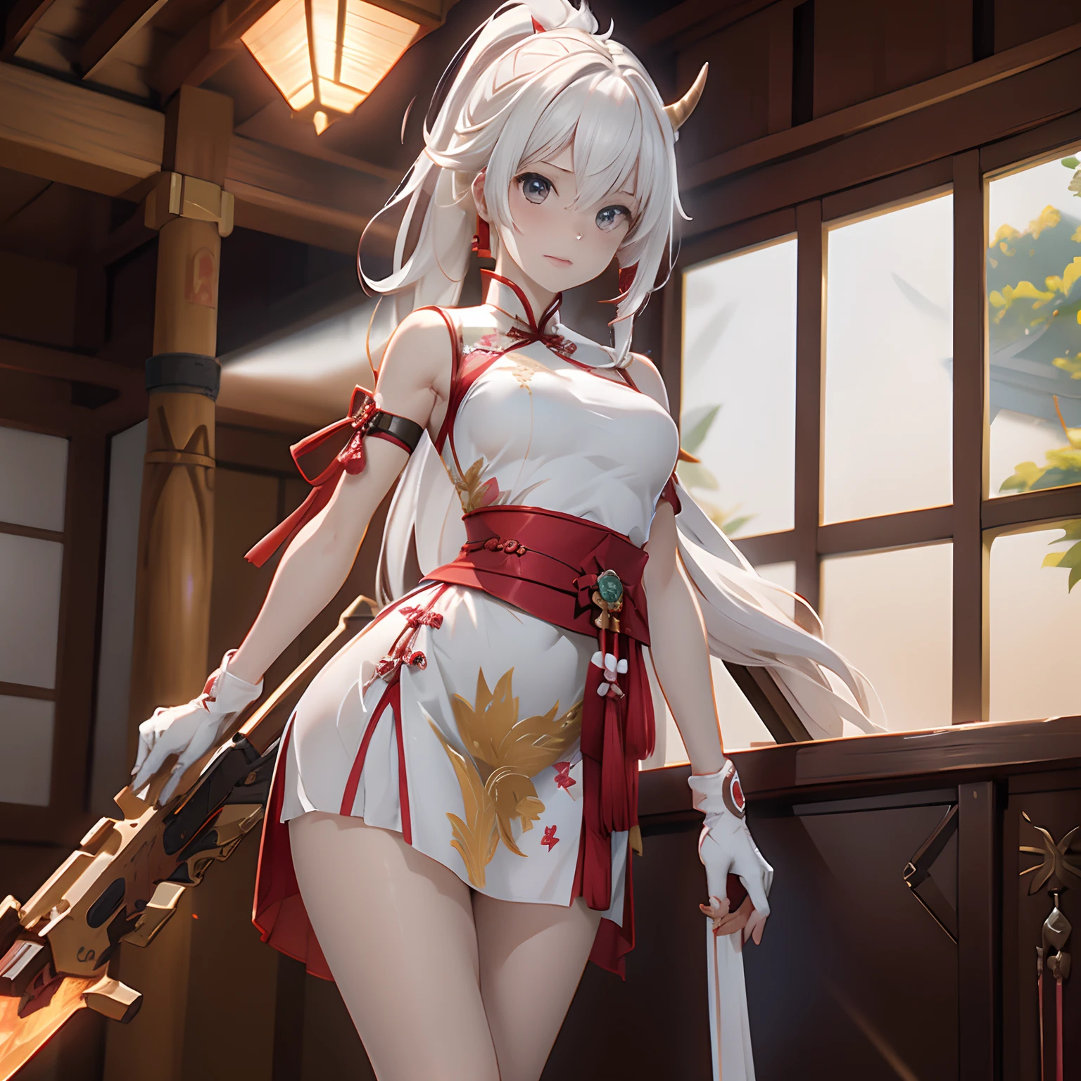 1girl, standing, looking past viewer, (perfect face:1.4), long ponytail gray hair, floating hair, gold eyes, long white Chinese dress, 2 horn, 1 battle rifle, 1 submachine gun , a single red streak hair in the middle, white gloves, bare arm, bare leg, black heel shoe, black high thigh kneesock, black stocking, standing, aiming stance, 2 funnel, shinre, lighting spark around, floating sakura leaf, best quality, masterpiece, 8k, HDR, shooting lightning