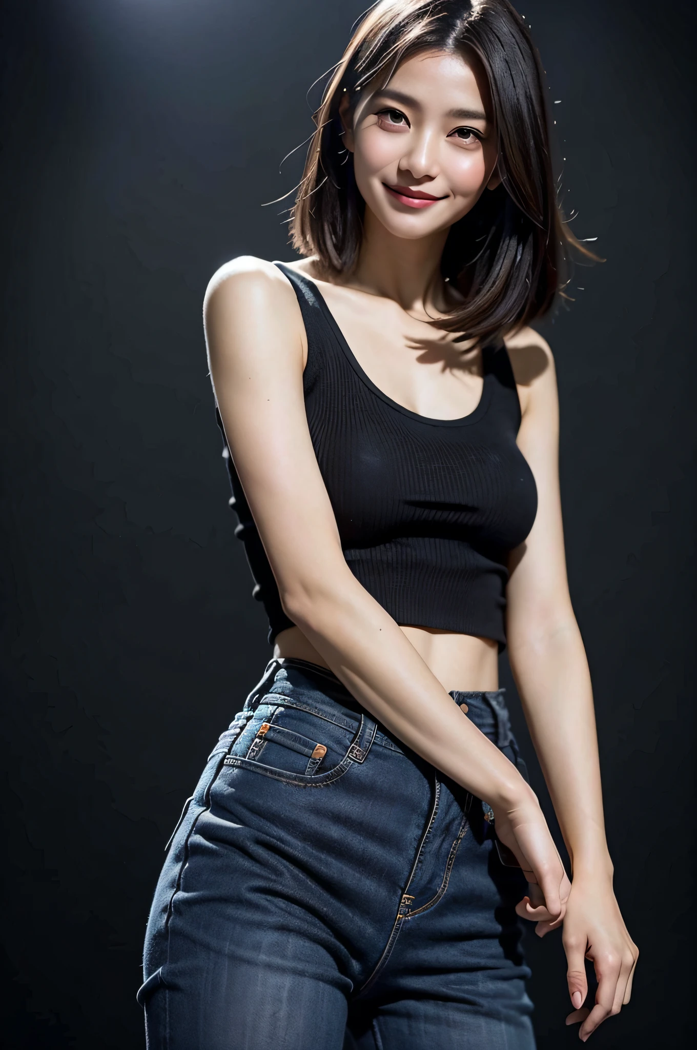 1 girl、(top-quality、8k、32k、​masterpiece、UHD:1.2)、(Soft Cinematic Lights)、Photos of very beautiful Japan women、beautidful eyes、beauitful face、a smile、shorth hair、large full breasts、shinny skin、Wearing leather pants、s ass、Live Action、(Slouched:1.3)、Look at another person、Dance Classes、windy、dark sky、Up、dark sky