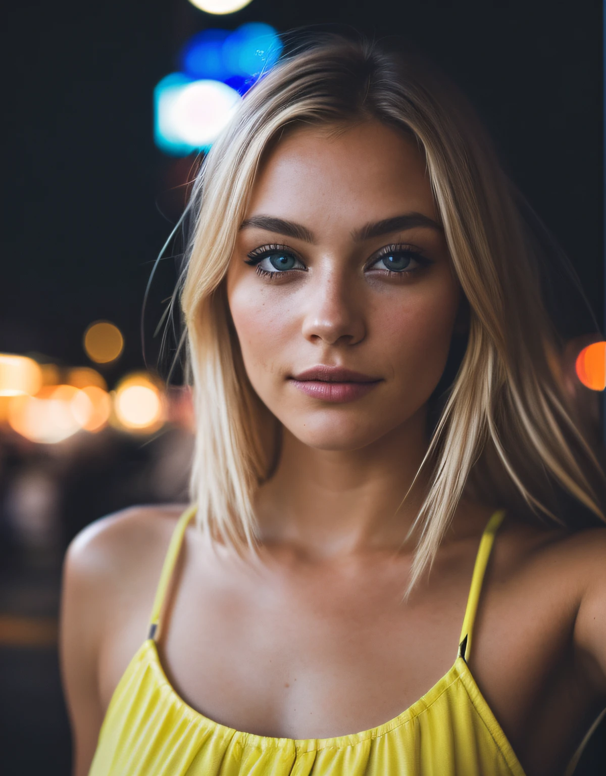 (selfie shot, from above: 1.4), (half-body portrait: 1.4), 24-year-old blonde (blue-eyed woman) walking in a bar RAW uhd portrait photo, natural breast_b, city background at night, (yellow sundress), (crack), detailed (texture!, hair!, shine, color!!, flaws: 1.1), highly detailed glowing eyes, (looking at camera), specular light, dslr, extreme quality, sharp focus, sharp, dof, Film grain, (centered), Fujifilm XT3, crystal clear, center of frame, cute face, sharp focus, street lamp, neon lights, bokeh, (dark light), low key, night, (night sky ) detailed skin pores, oil Dark skin, brown, complex eye details