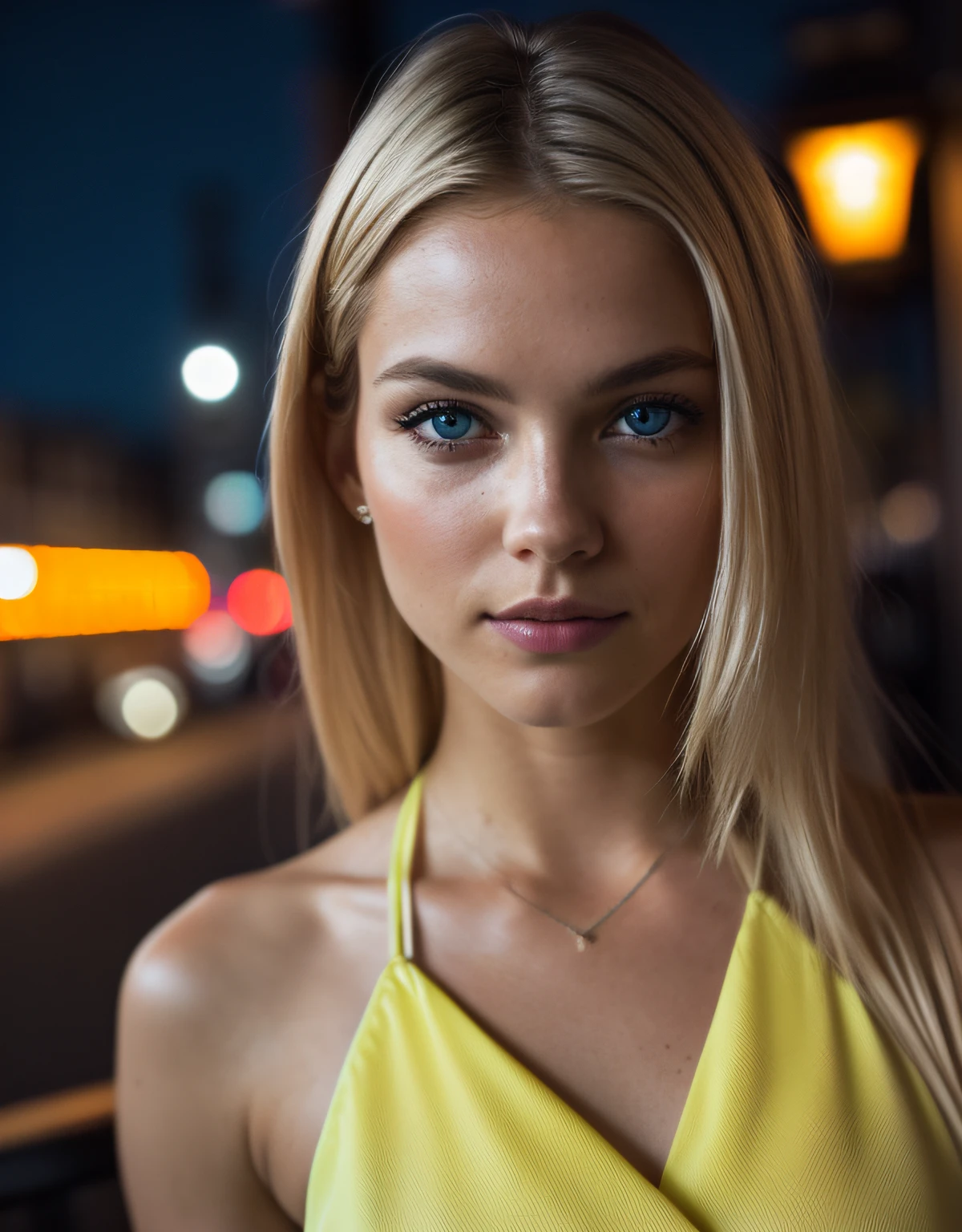 (selfie shot, from above: 1.4), (half-body portrait: 1.4), 24-year-old blonde (blue-eyed woman) walking in a bar RAW uhd portrait photo, natural breast_b, city background at night, (yellow sundress), (crack), detailed (texture!, hair!, shine, color!!, flaws: 1.1), highly detailed glowing eyes, (looking at camera), specular light, dslr, extreme quality, sharp focus, sharp, dof, Film grain, (centered), Fujifilm XT3, crystal clear, center of frame, cute face, sharp focus, street lamp, neon lights, bokeh, (dark light), low key, night, (night sky ) detailed skin pores, oil Dark skin, brown, complex eye details