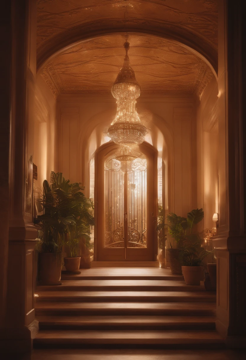 The character gently touches the smart device on the palm of his hand,The lights in the home turn on instantly,Music flows through the room,Creates a warm atmosphere