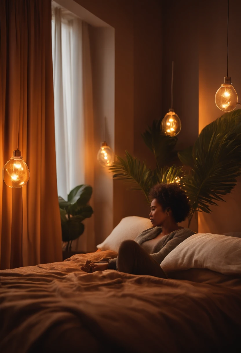 The character gently touches the smart device on the palm of his hand,The lights in the home turn on instantly,Music flows through the room,Creates a warm atmosphere