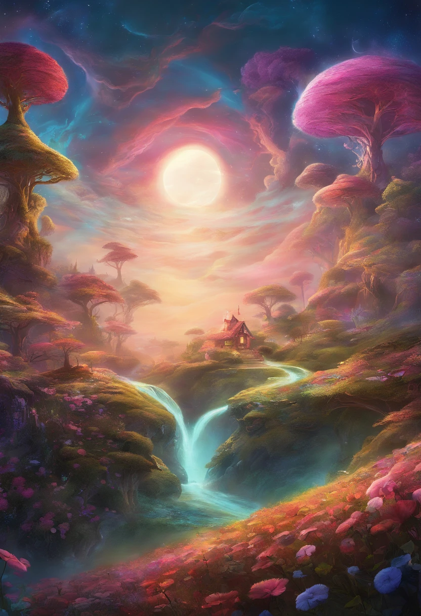 A 4K dreamscape of a fantastical landscape, featuring the Cheshire Cat from Alice in Wonderland, rendered with a magical, detailed style. Tim burton style