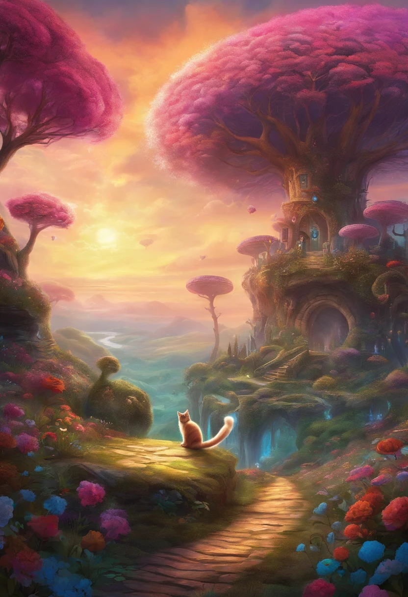 A 4K dreamscape of a fantastical landscape, featuring the Cheshire Cat from Alice in Wonderland, rendered with a magical, detailed style. Tim burton style