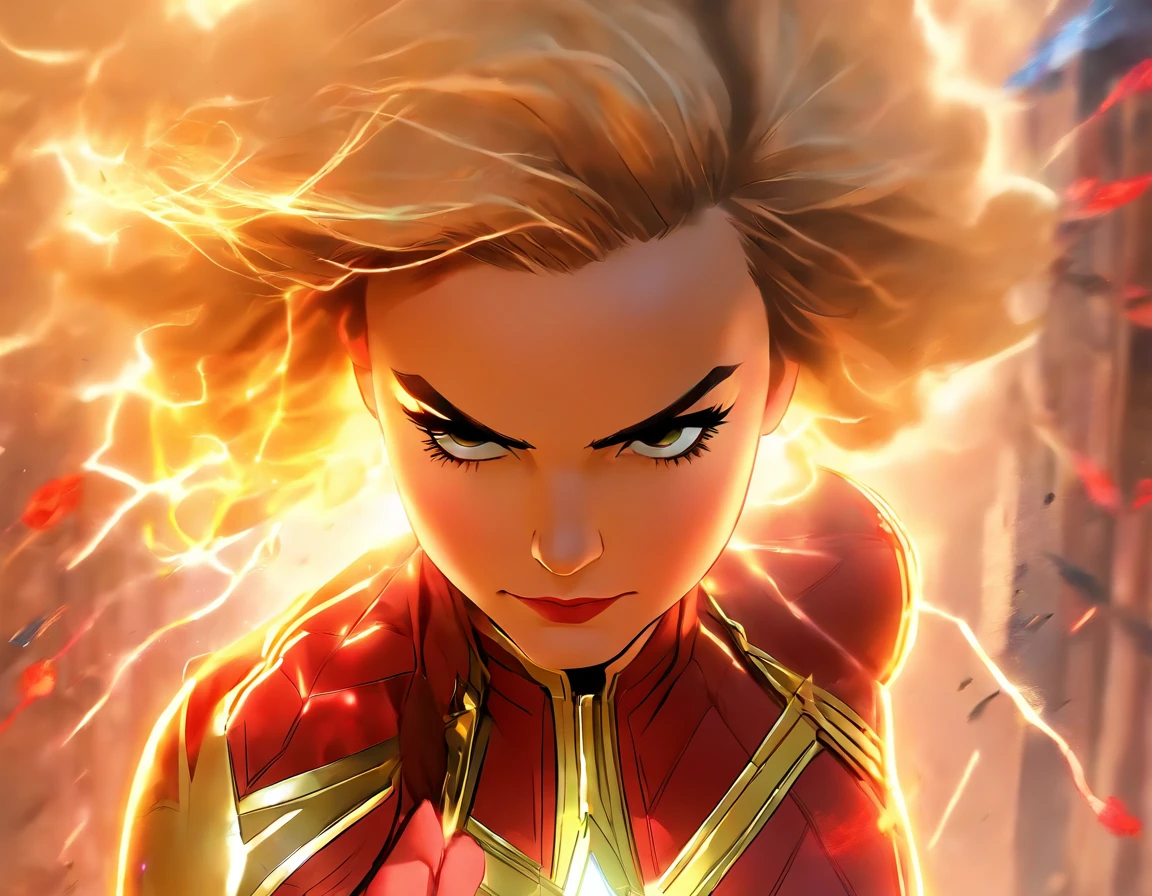 Captain Marvel in the Niji style, radiating cosmic power, bold and vibrant colors, dynamic and confident pose, determined expression, comic book-inspired detailing, and an iconic larger-than-life presence that captures her superhero essence in the Niji aesthetic.